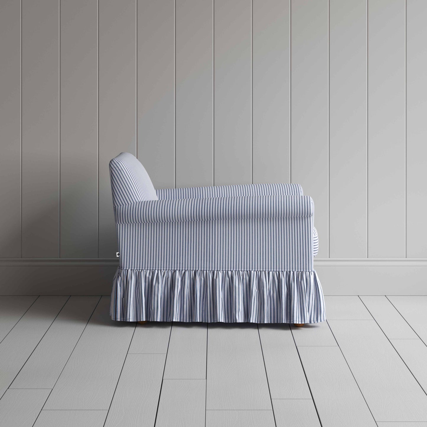 Curtain Call Armchair in Ticking Cotton, Aqua Brown, Side View - Nicola Harding