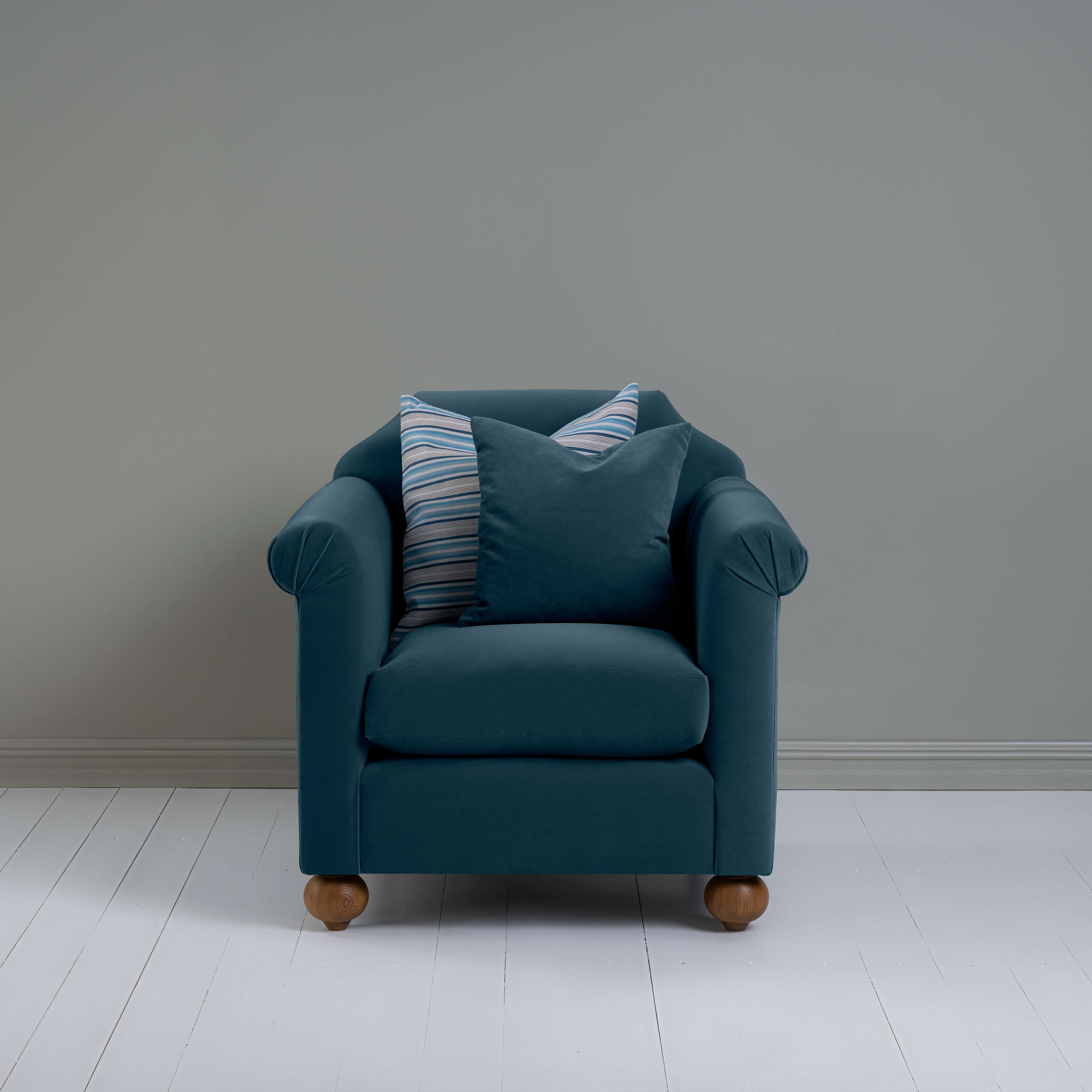  Dolittle Armchair in Intelligent Velvet Aegean, With 1 Matching and 1 Slow Lane Cotton Linen, Blue Cushion - Nicola Harding 