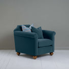  Dolittle Armchair in Intelligent Velvet Aegean, In Side View With 1 Matching and 1 Slow Lane Cotton Linen, Blue Cushion - Nicola Harding 