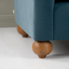  Dolittle Armchair in Intelligent Velvet Aegean, Round Wooden Foot Closeup - Nicola Harding 