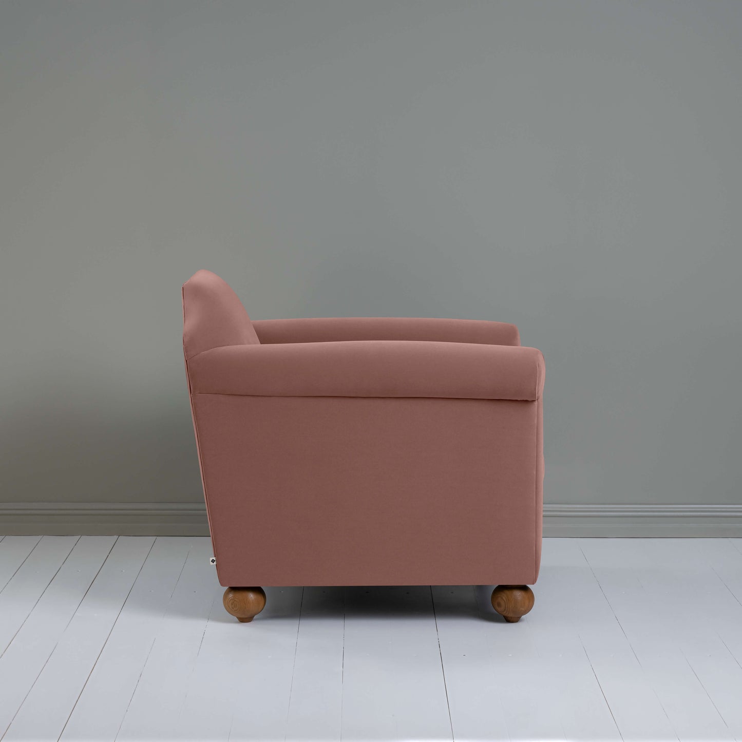 Dolittle Armchair in Intelligent Velvet Dusky Pink, Side View - Nicola Harding