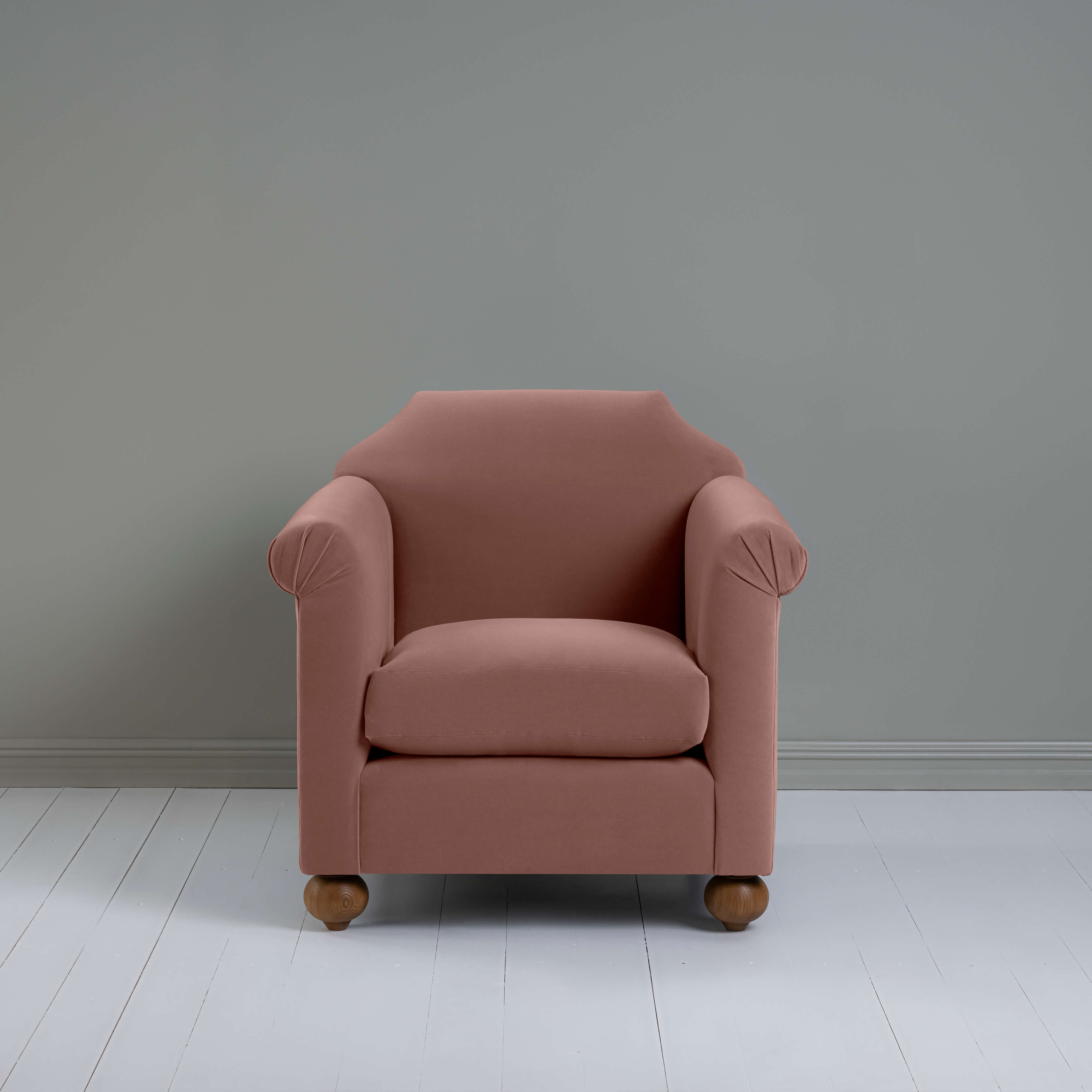  Dolittle Armchair in Intelligent Velvet Dusky Pink, Front View - Nicola Harding 