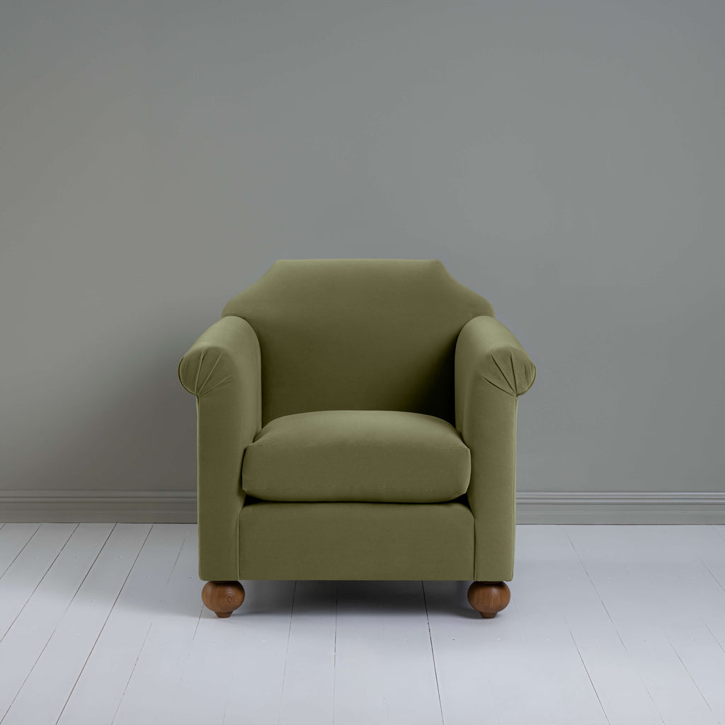  Dolittle Armchair in Intelligent Velvet Green Tea, Front View - Nicola Harding 