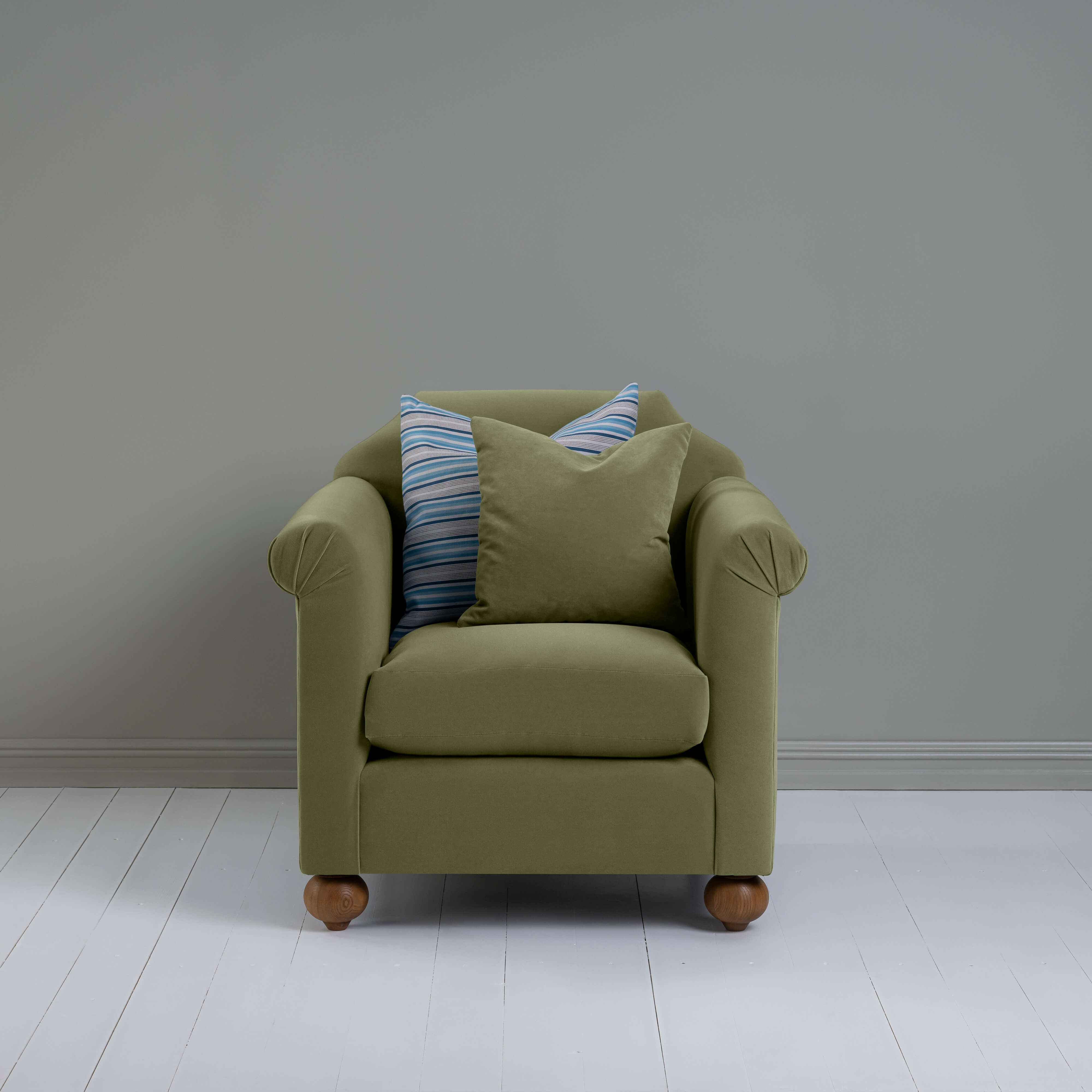  Dolittle Armchair in Intelligent Velvet Green Tea, With 1 Matching and 1 Slow Lane Cotton Linen, Blue Cushion - Nicola Harding 