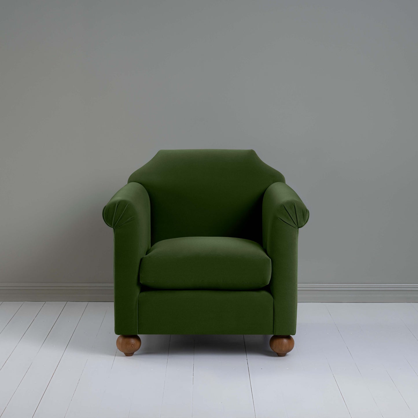 Dolittle Armchair in Intelligent Velvet Juniper, Front View - Nicola Harding