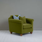  Dolittle Armchair in Intelligent Velvet Lawn, In Side View With 1 Matching and 1 Slow Lane Cotton Linen, Blue Cushion - Nicola Harding 