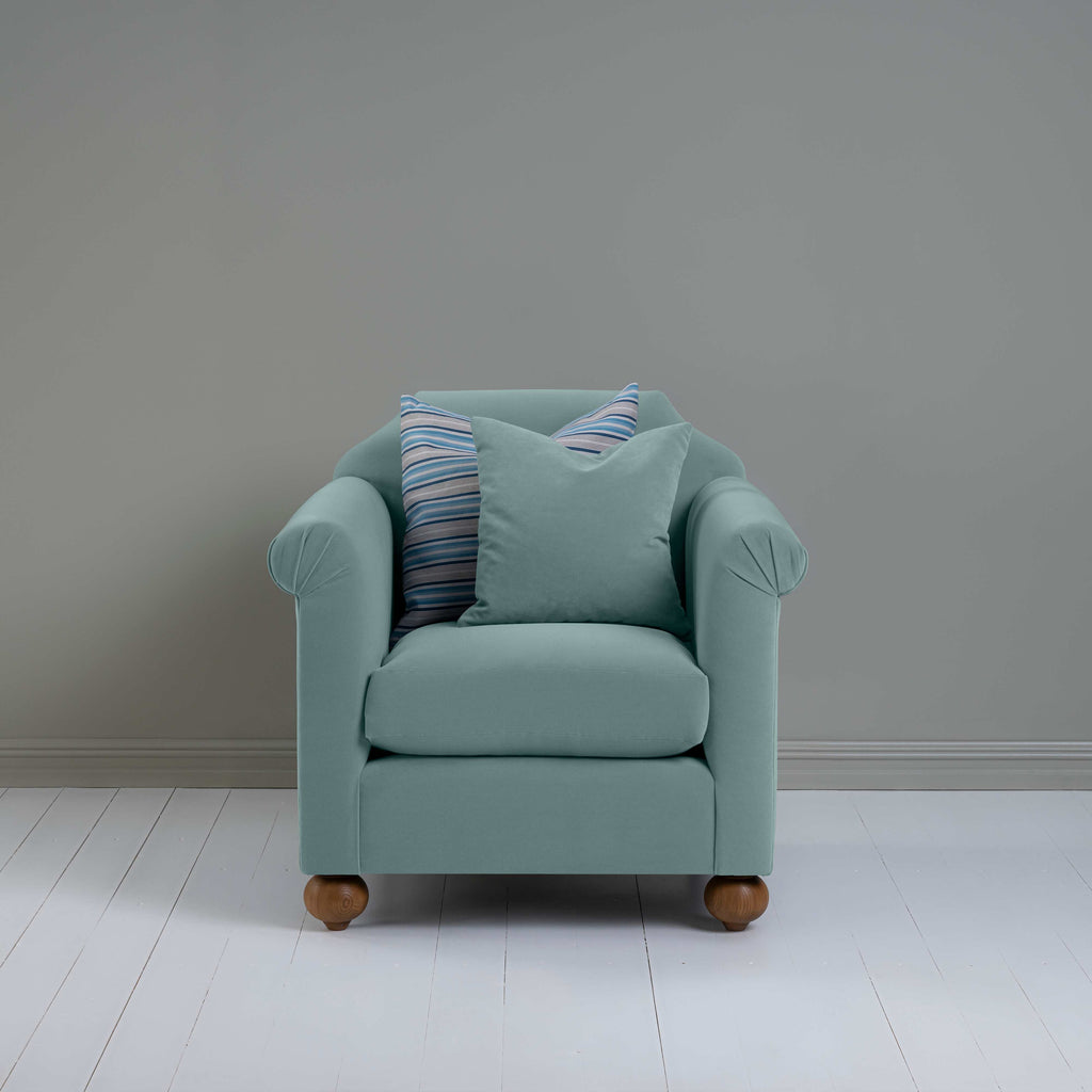  Dolittle Armchair in Intelligent Velvet Mineral, With 1 Matching and 1 Slow Lane Cotton Linen, Blue Cushion - Nicola Harding 