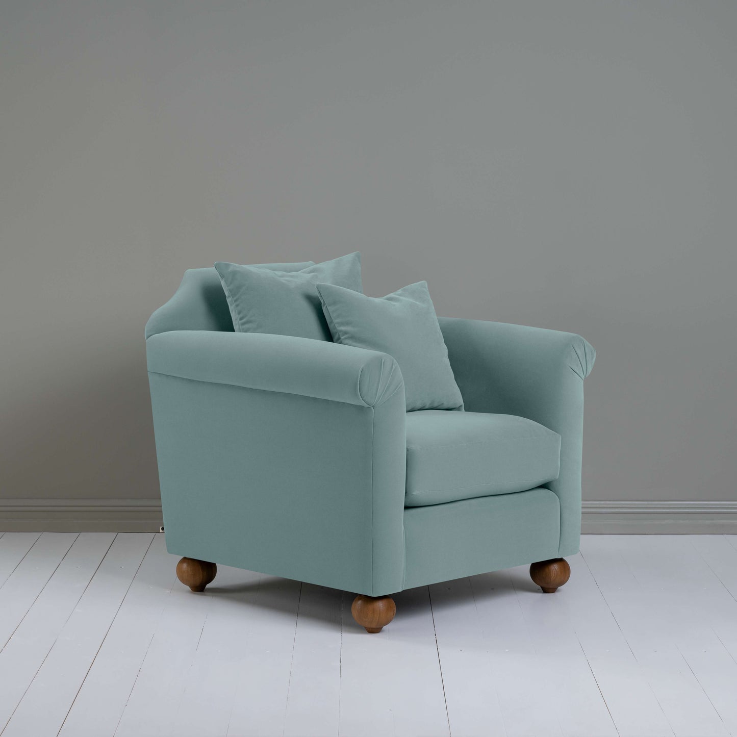 Dolittle Armchair in Intelligent Velvet Mineral - Nicola Harding