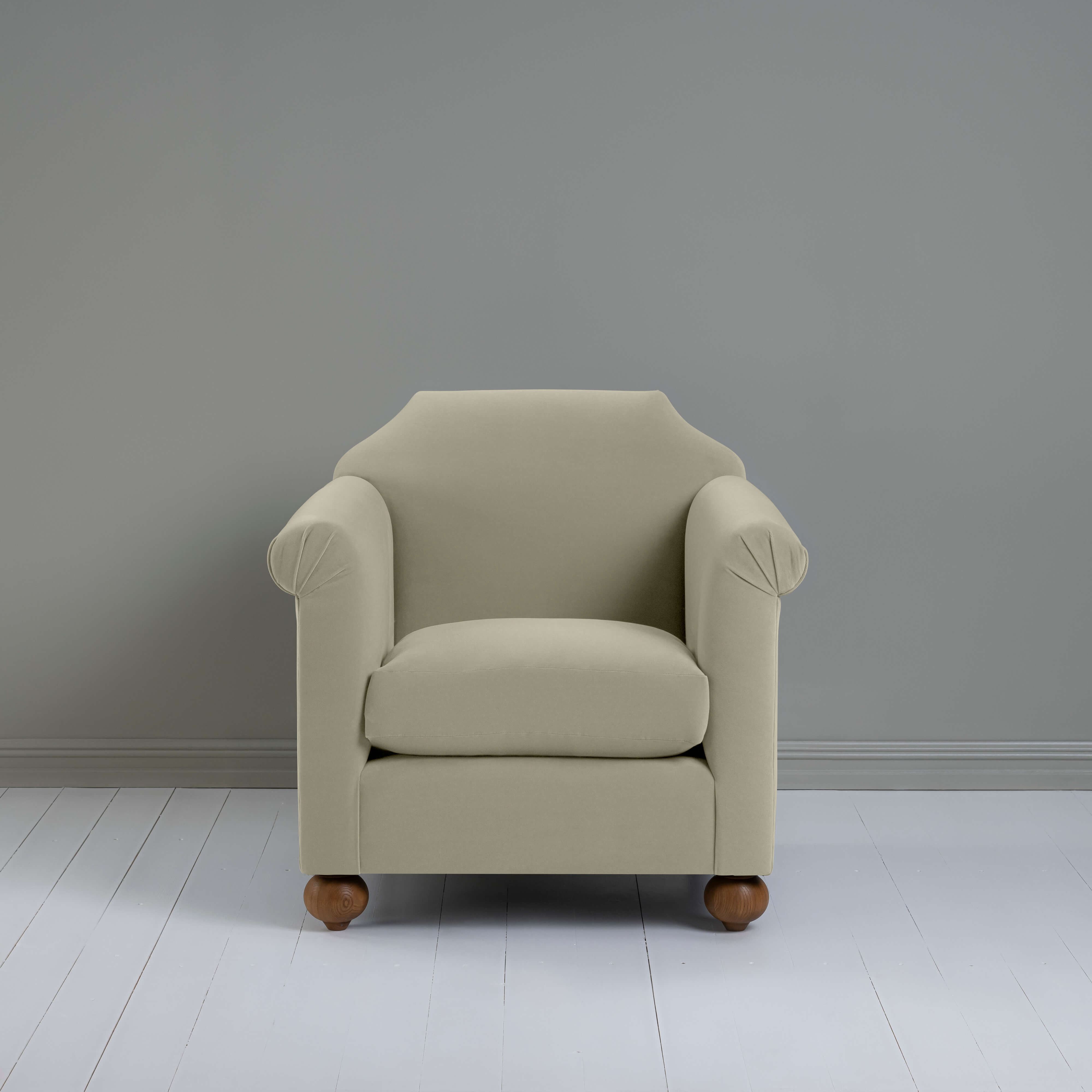  Dolittle Armchair in Intelligent Velvet Moonstone, Front View - Nicola Harding 