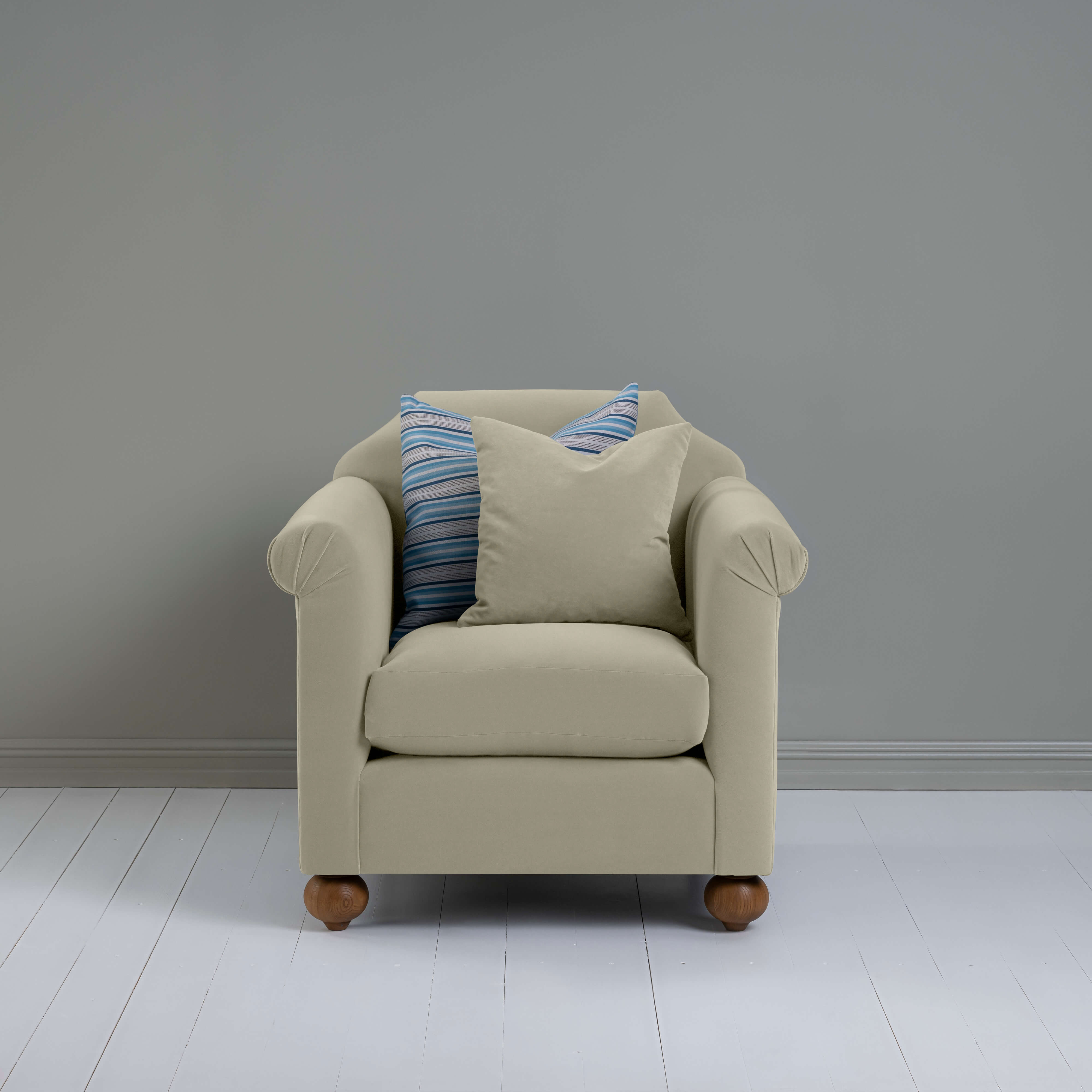  Dolittle Armchair in Intelligent Velvet Moonstone, With 1 Matching and 1 Slow Lane Cotton Linen, Blue Cushion - Nicola Harding 