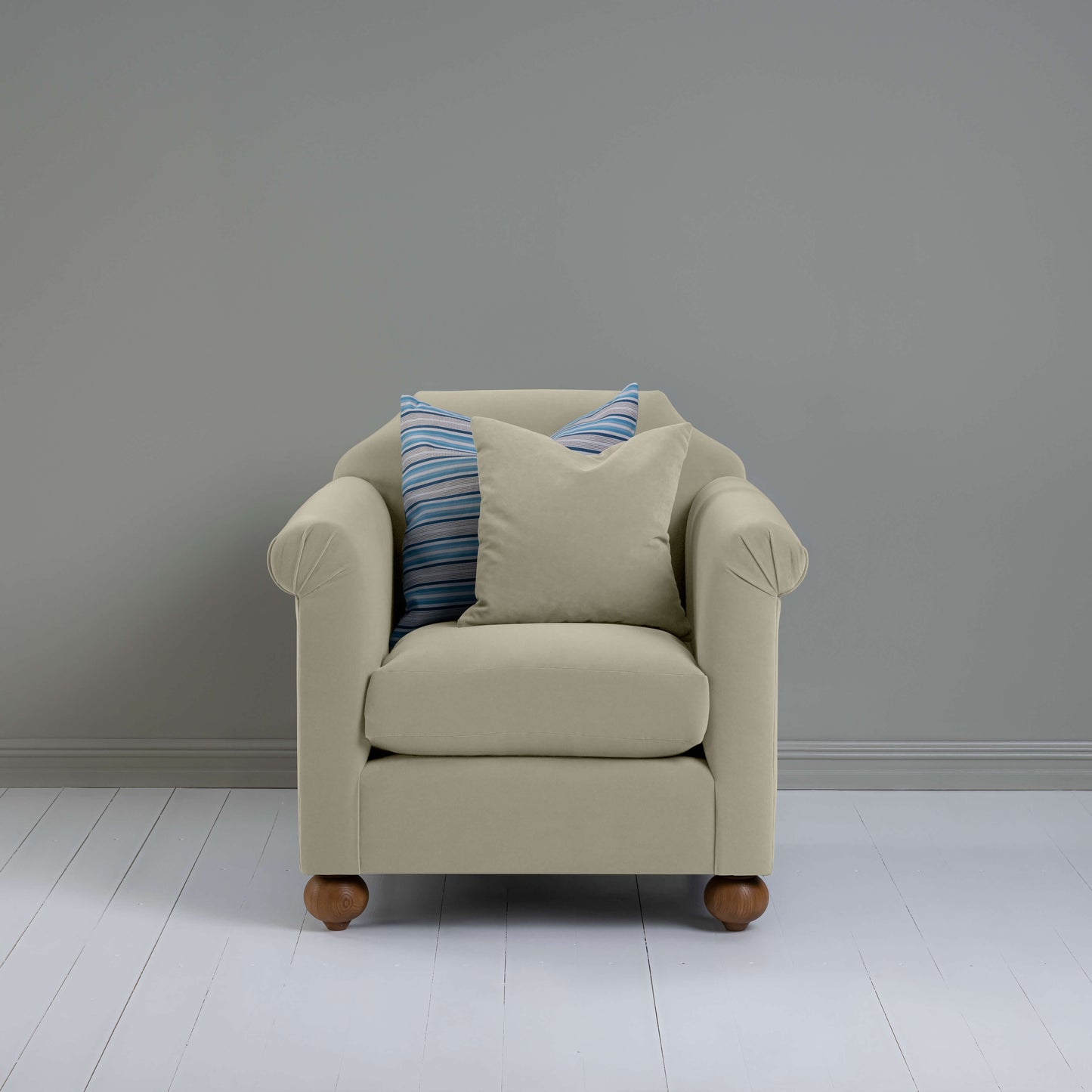 Dolittle Armchair in Intelligent Velvet Moonstone, With 1 Matching and 1 Slow Lane Cotton Linen, Blue Cushion - Nicola Harding