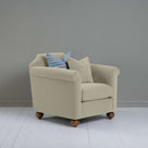  Dolittle Armchair in Intelligent Velvet Moonstone, Side View With 1 Matching and 1 Slow Lane Cotton Linen, Blue Cushion - Nicola Harding 