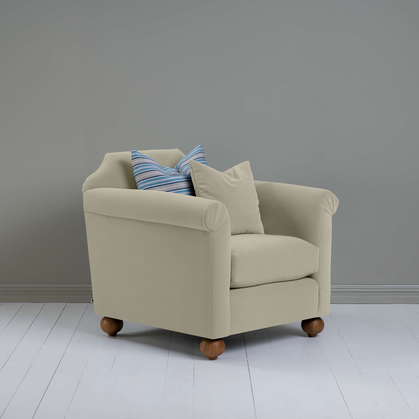 Dolittle Armchair in Intelligent Velvet Moonstone, Side View With 1 Matching and 1 Slow Lane Cotton Linen, Blue Cushion - Nicola Harding