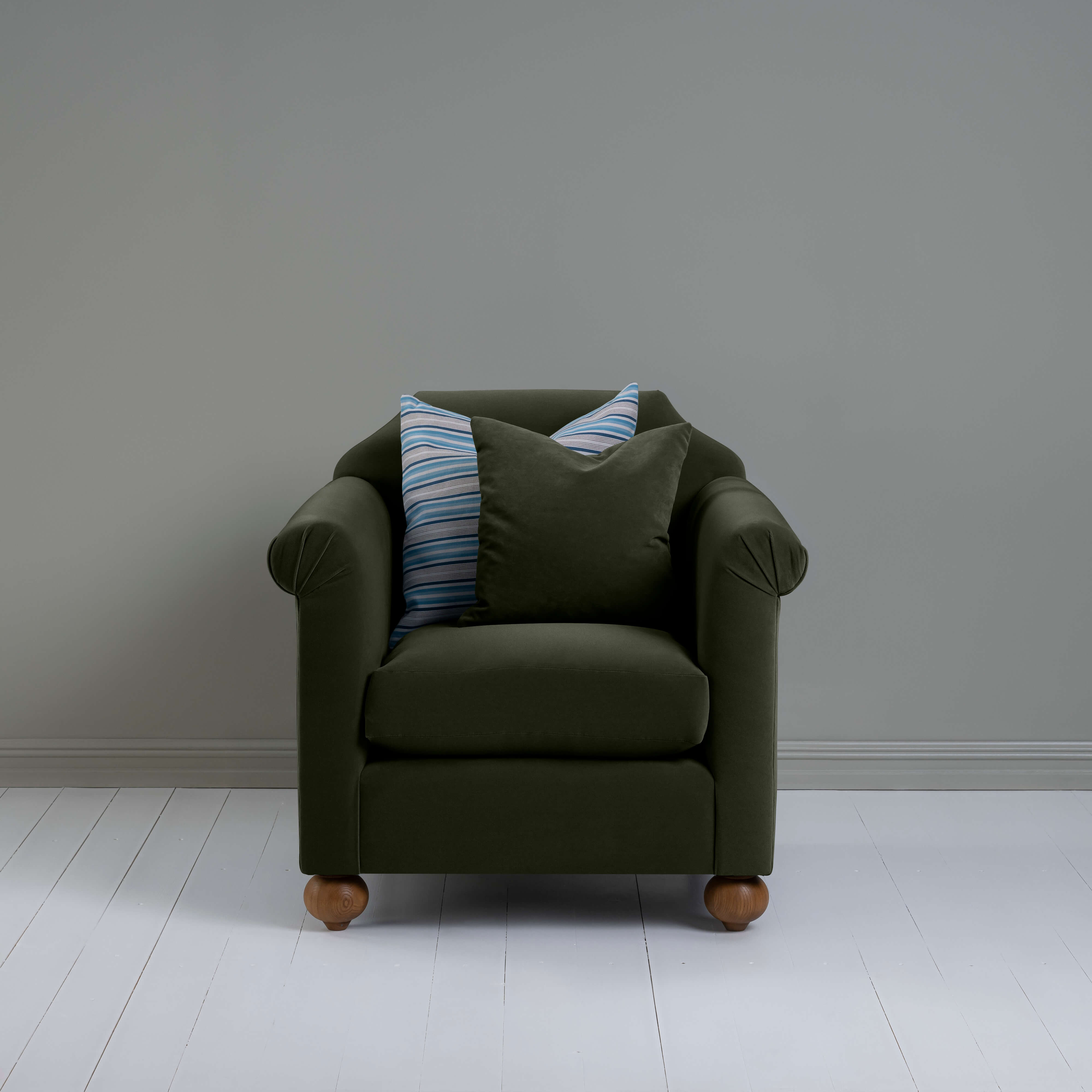  Dolittle Armchair in Intelligent Velvet Seaweed, With 1 Matching and 1 Other NiX Cushion - Nicola Harding 