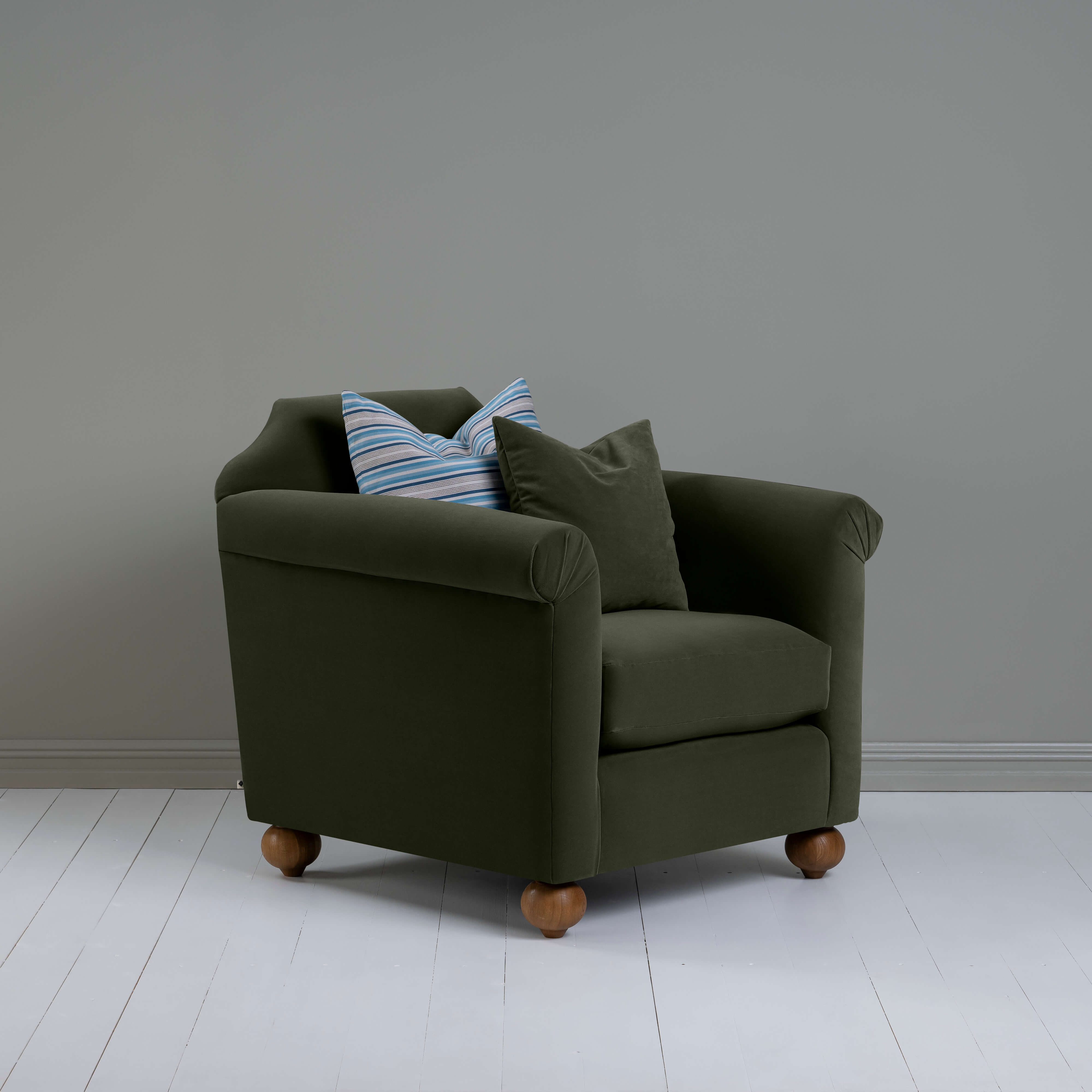  Dolittle Armchair in Intelligent Velvet Seaweed, Side View With 2 Special NiX Cushions - Nicola Harding 