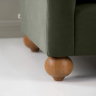  Dolittle Armchair in Intelligent Velvet Seaweed, Round Wooden Foot Closeup - Nicola Harding 