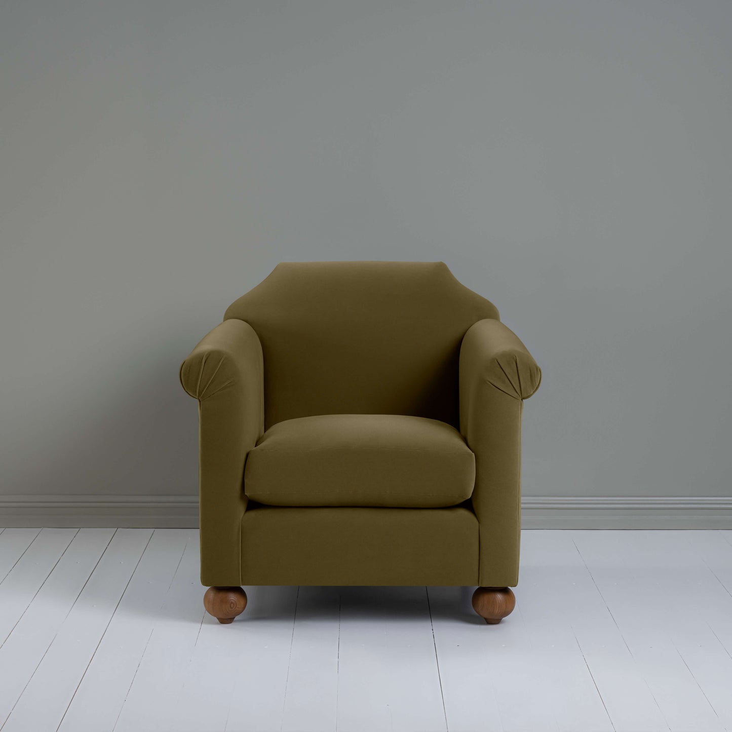Dolittle Armchair in Intelligent Velvet Sepia, Front View - Nicola Harding