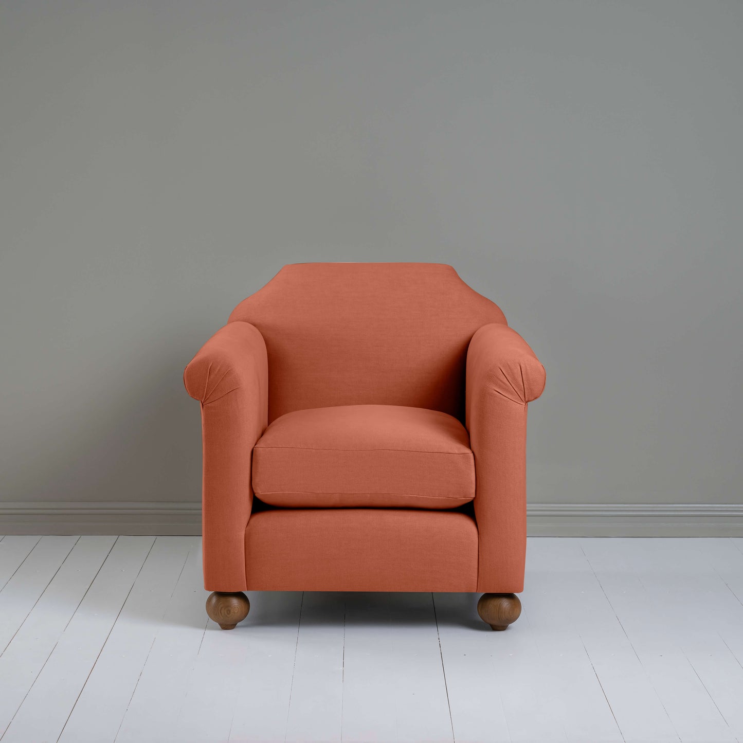 Dolittle Armchair in Laidback Linen Cayenne, Front View - Nicola Harding