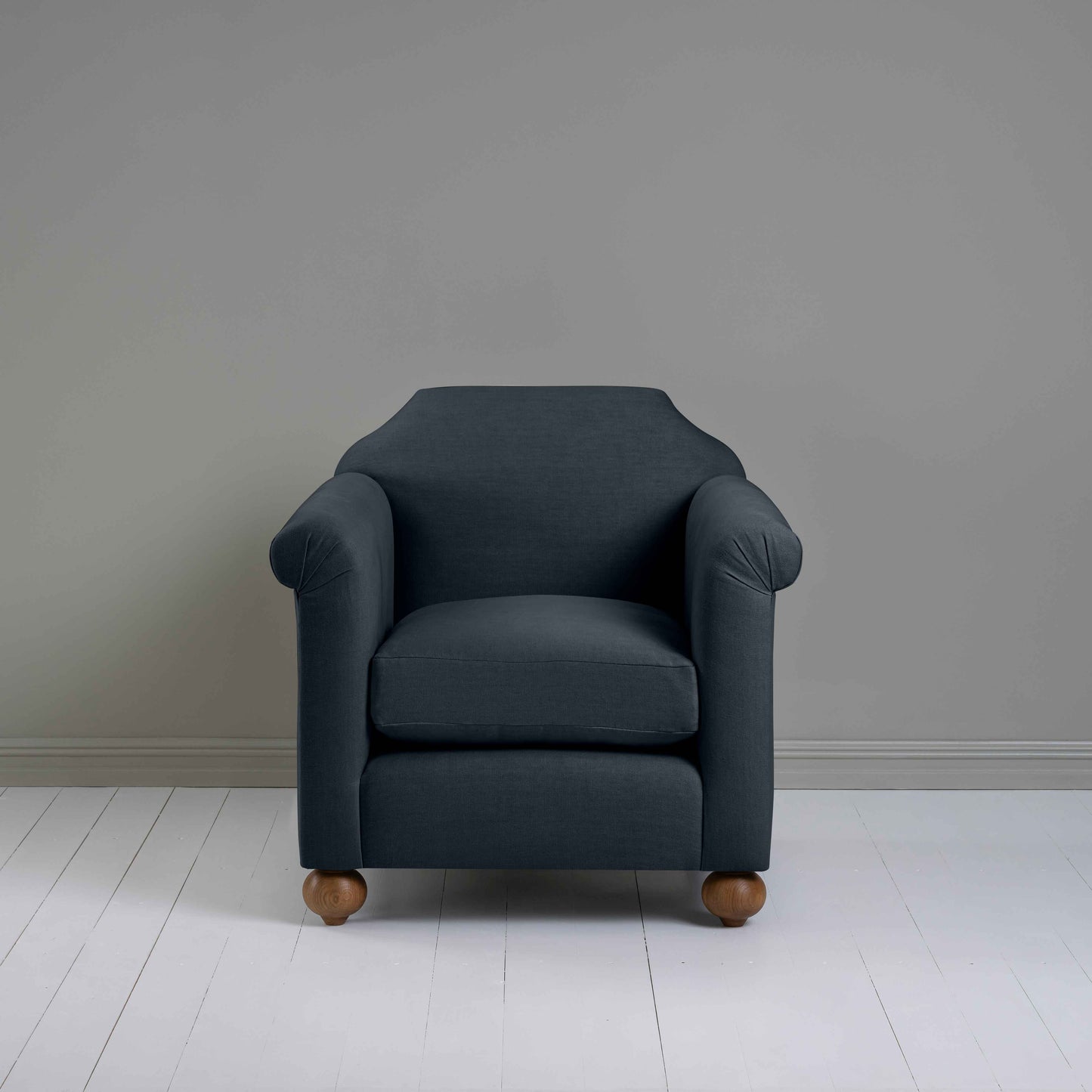 Dolittle Armchair in Laidback Linen Midnight, Front View - Nicola Harding