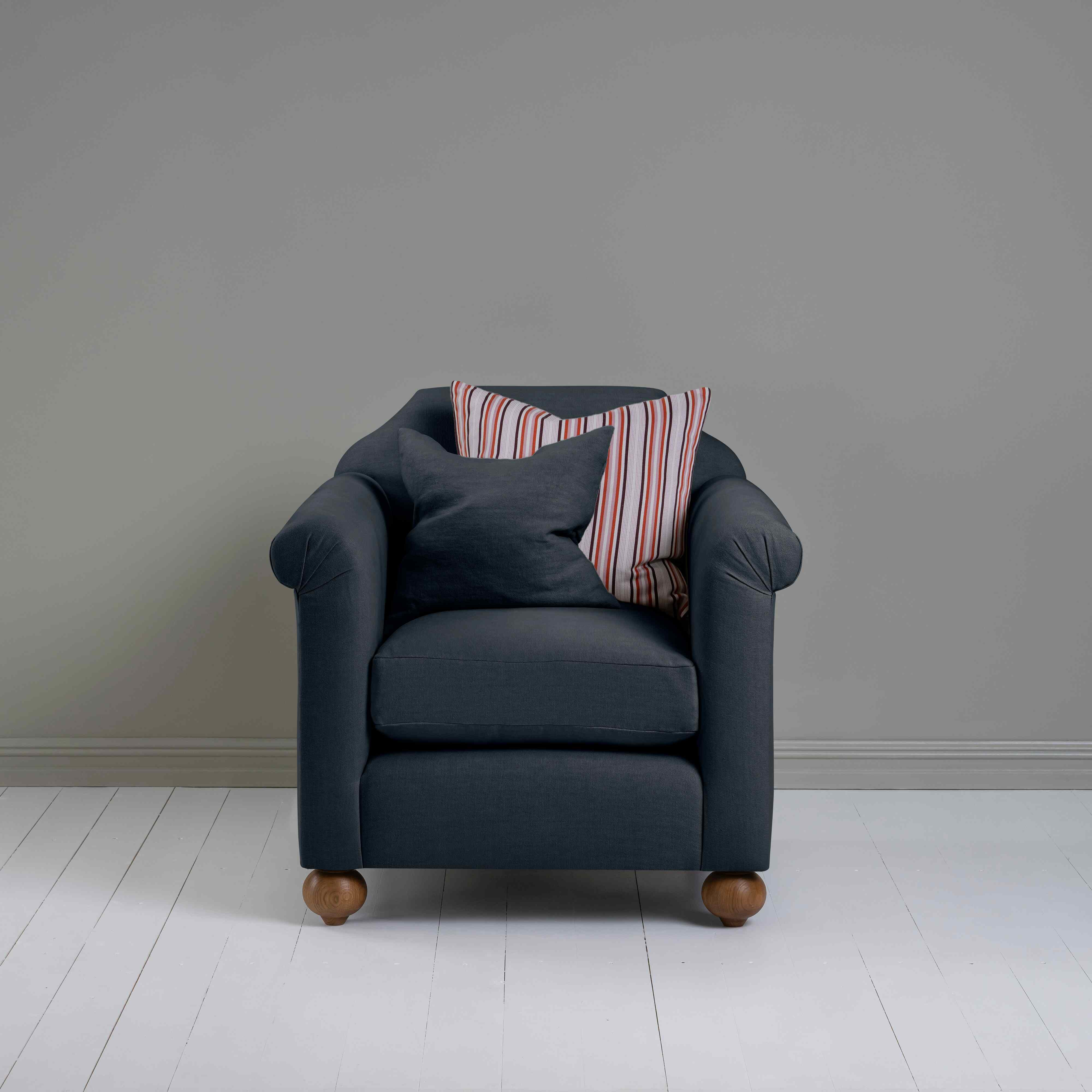  Dolittle Armchair in Laidback Linen Midnight, With 2 Square NiX Cushions - Nicola Harding 