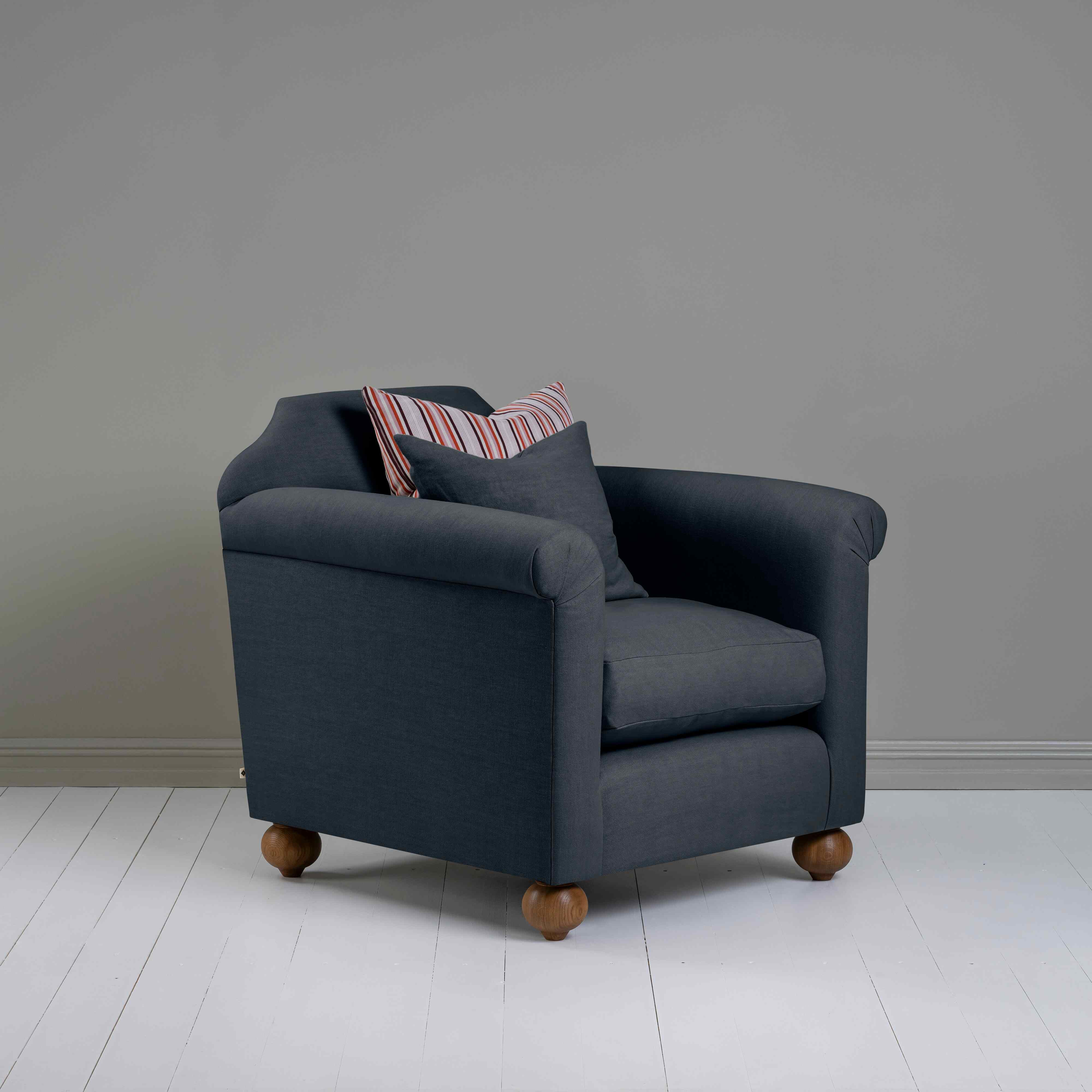  Dolittle Armchair in Laidback Linen Midnight, With One Matching and one Cotton Square Cushions - Nicola Harding 