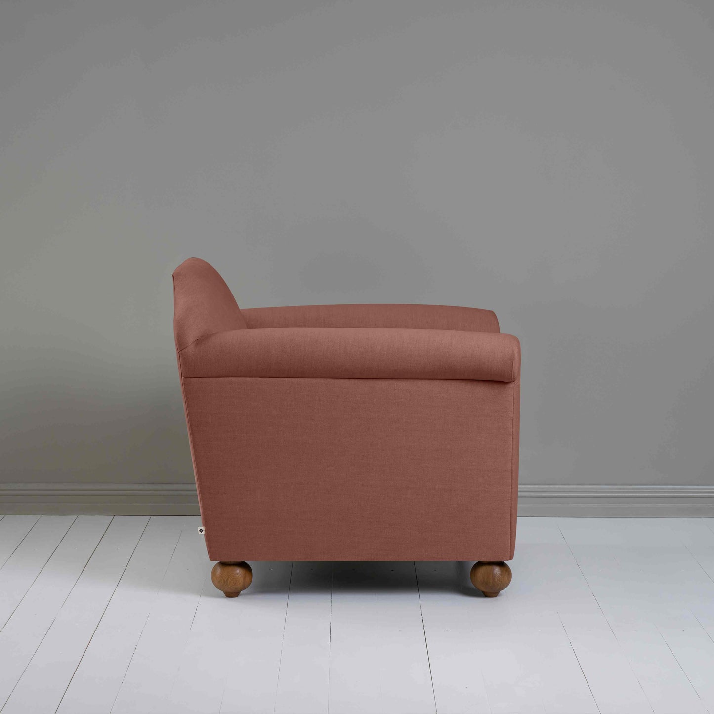 Dolittle Armchair in Laidback Linen Sweet Briar, Side View - Nicola Harding