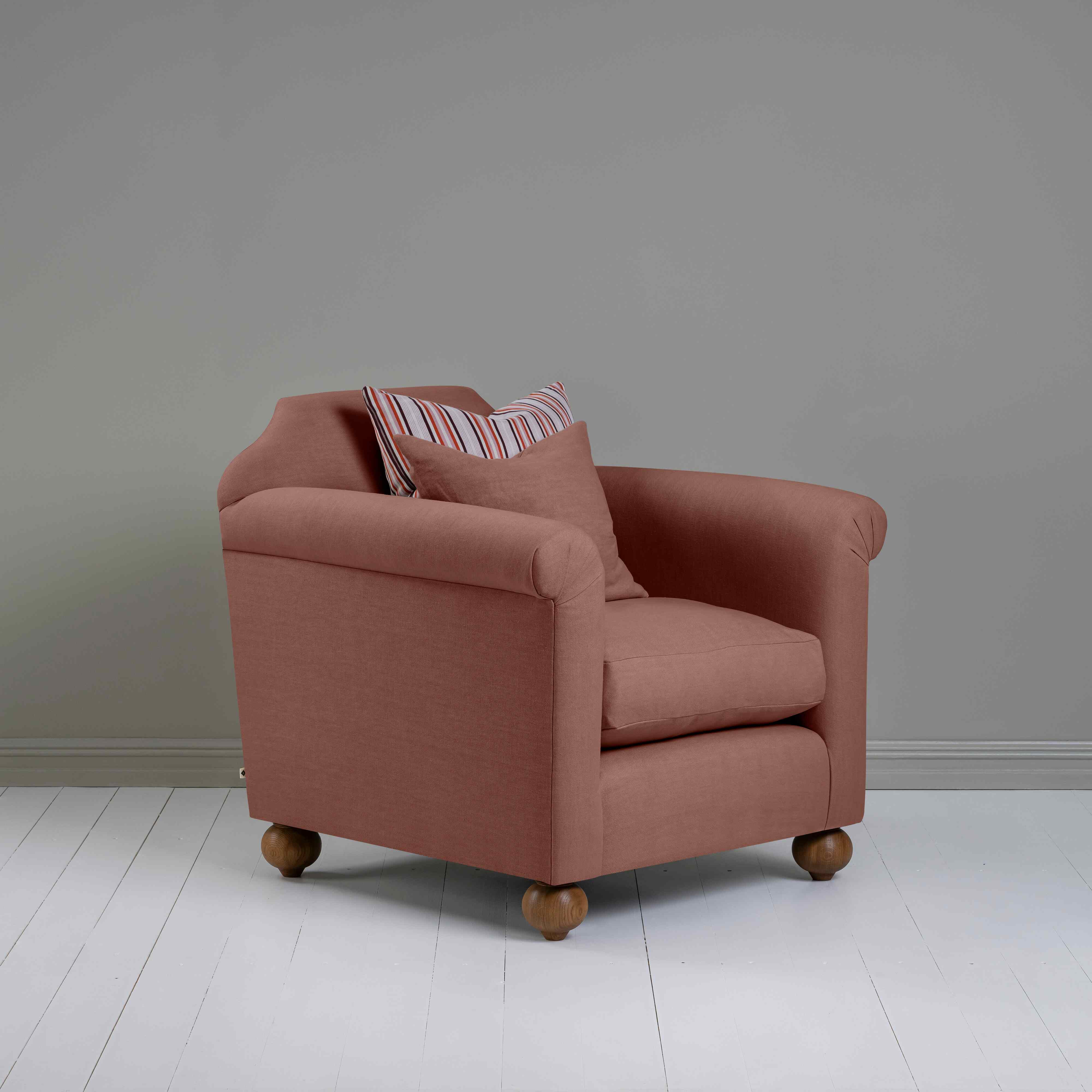  Dolittle Armchair in Laidback Linen Sweet Briar, Side View With Square Cushions - Nicola Harding 