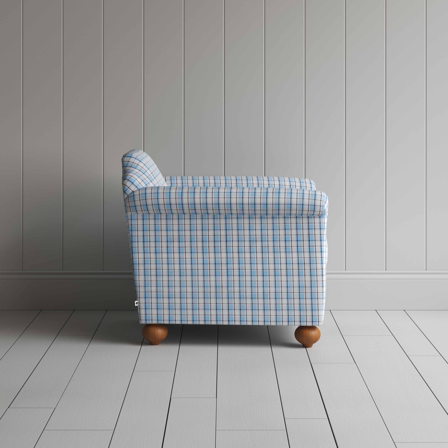 Dolittle Armchair in Square Deal Cotton, Blue Brown, Side View - Nicola Harding