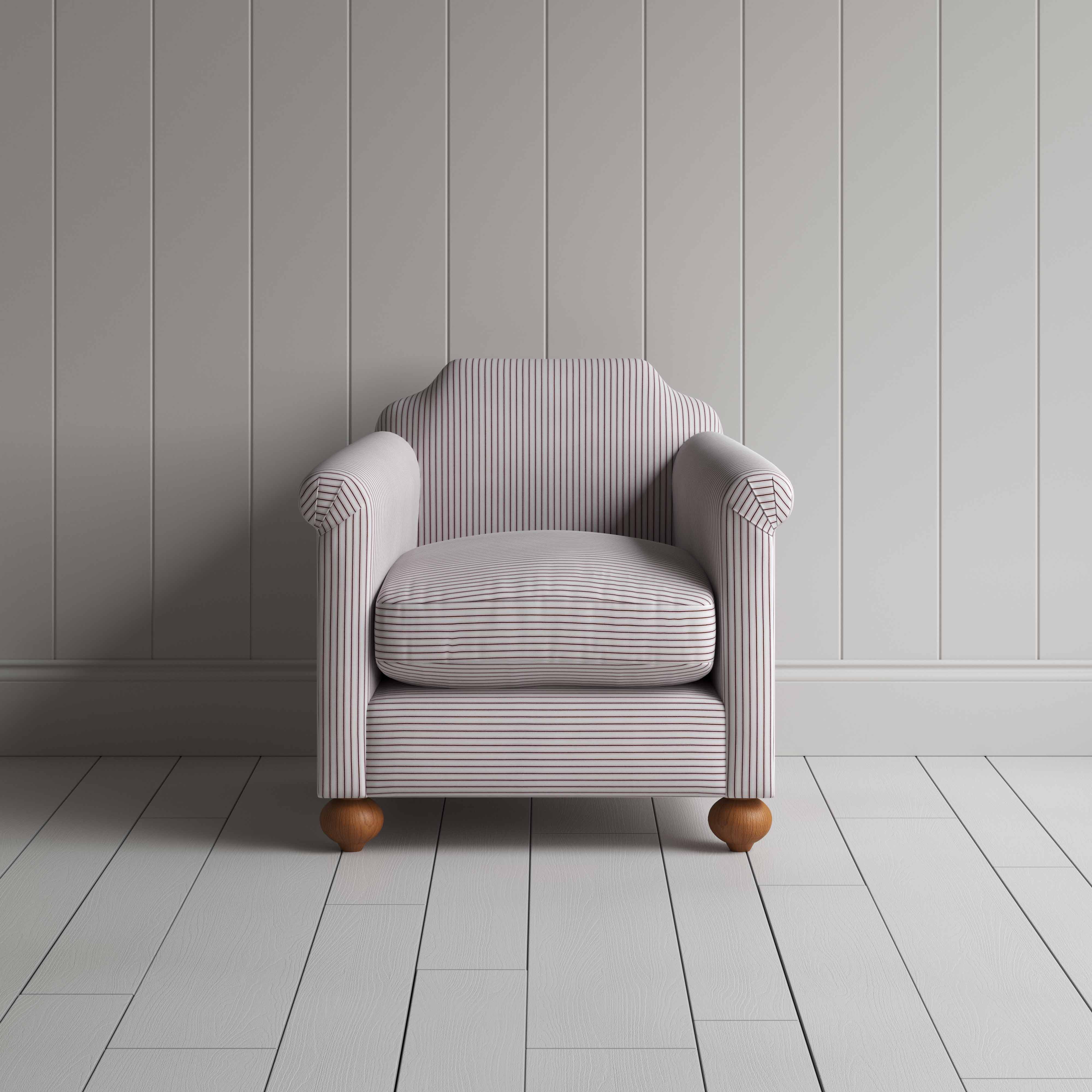  Dolittle Armchair in Ticking Cotton, Berry, Front View - Nicola Harding 