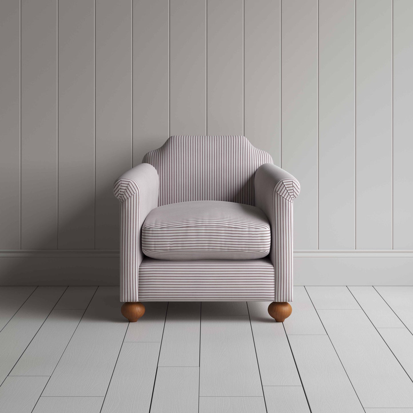 Dolittle Armchair in Ticking Cotton, Berry, Front View - Nicola Harding