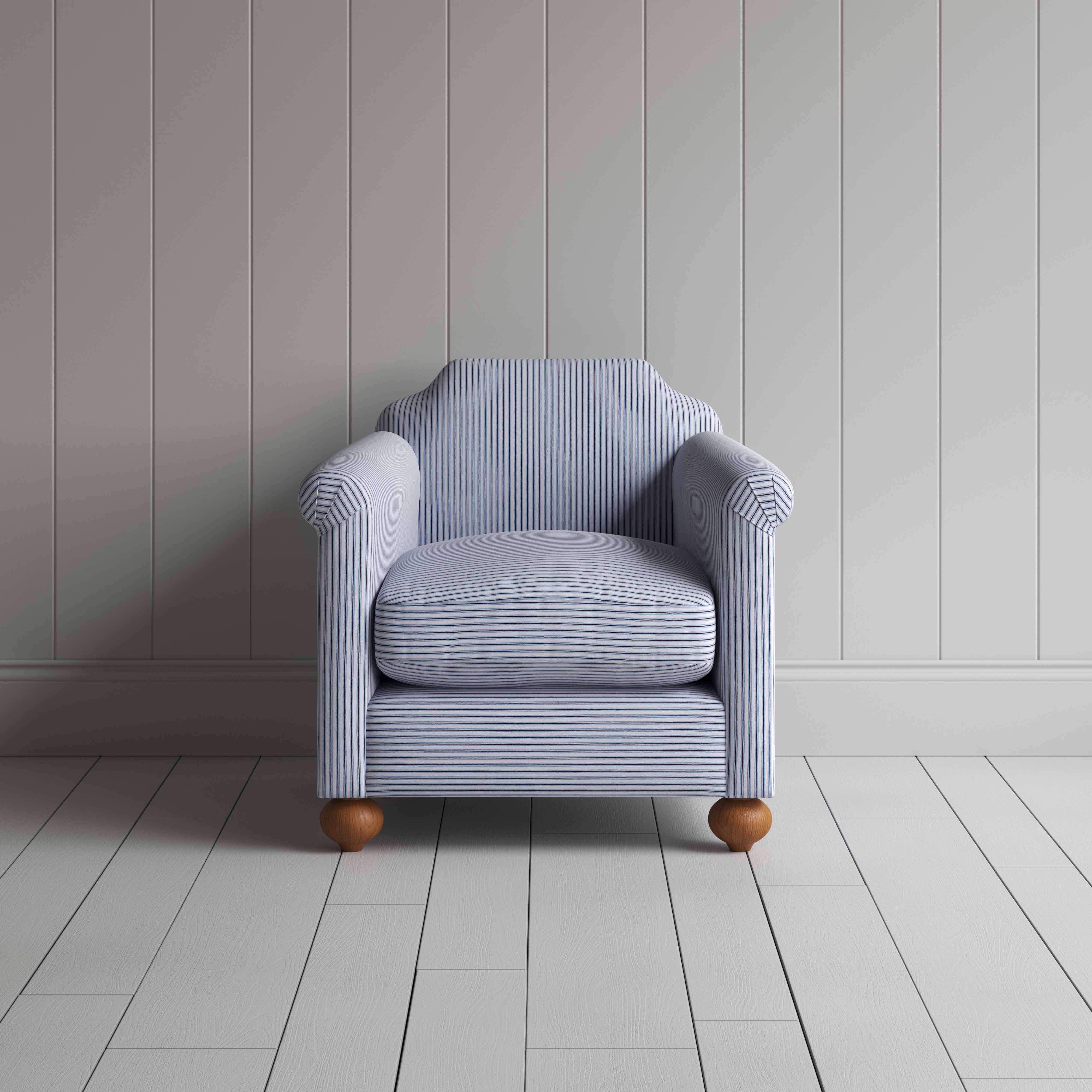  Dolittle Armchair in Ticking Cotton, Aqua Brown, Front View - Nicola Harding 