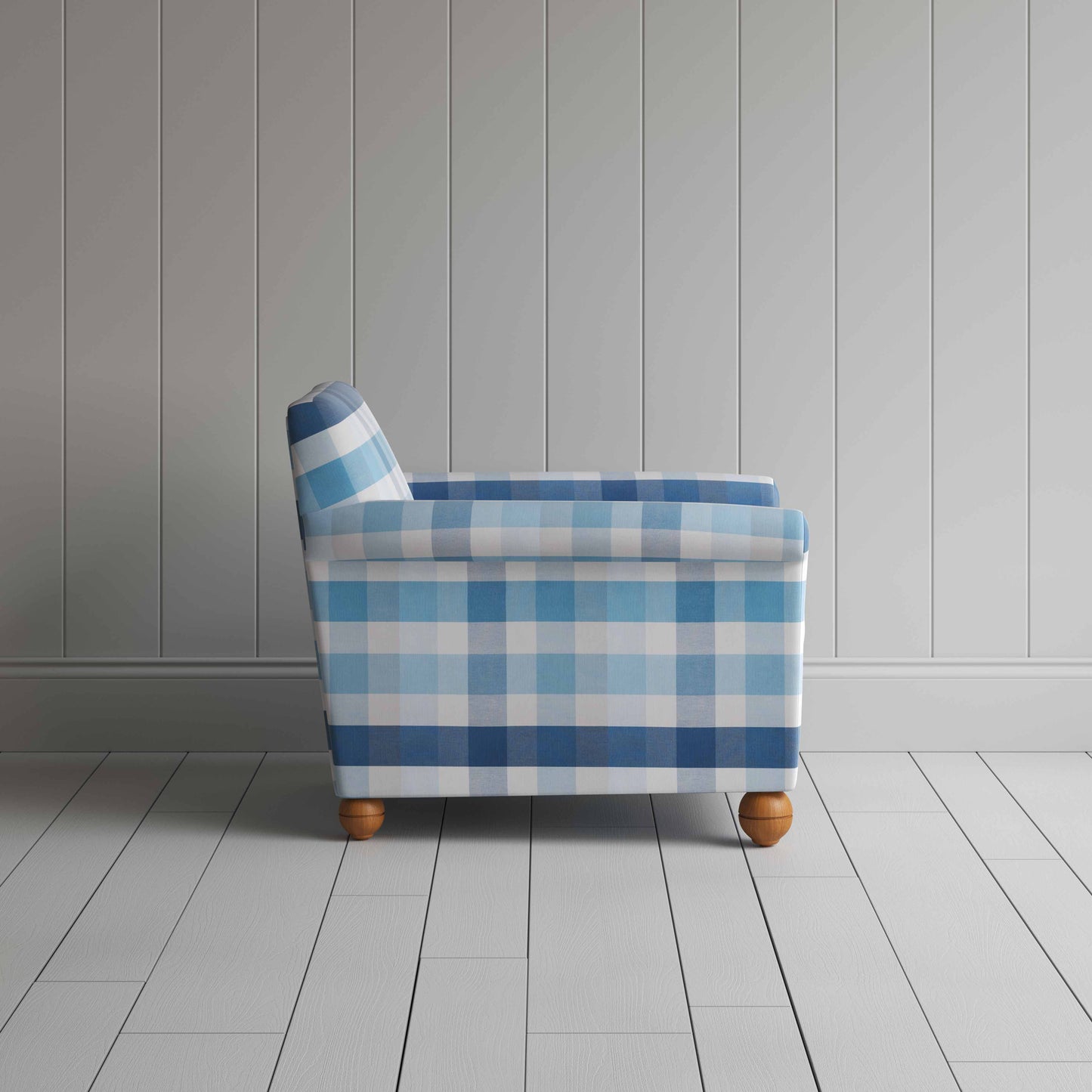 Idler Armchair in Checkmate Cotton, Blue - Nicola Harding