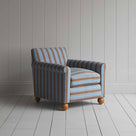  A chair with blue and white stripes and wooden legs. 