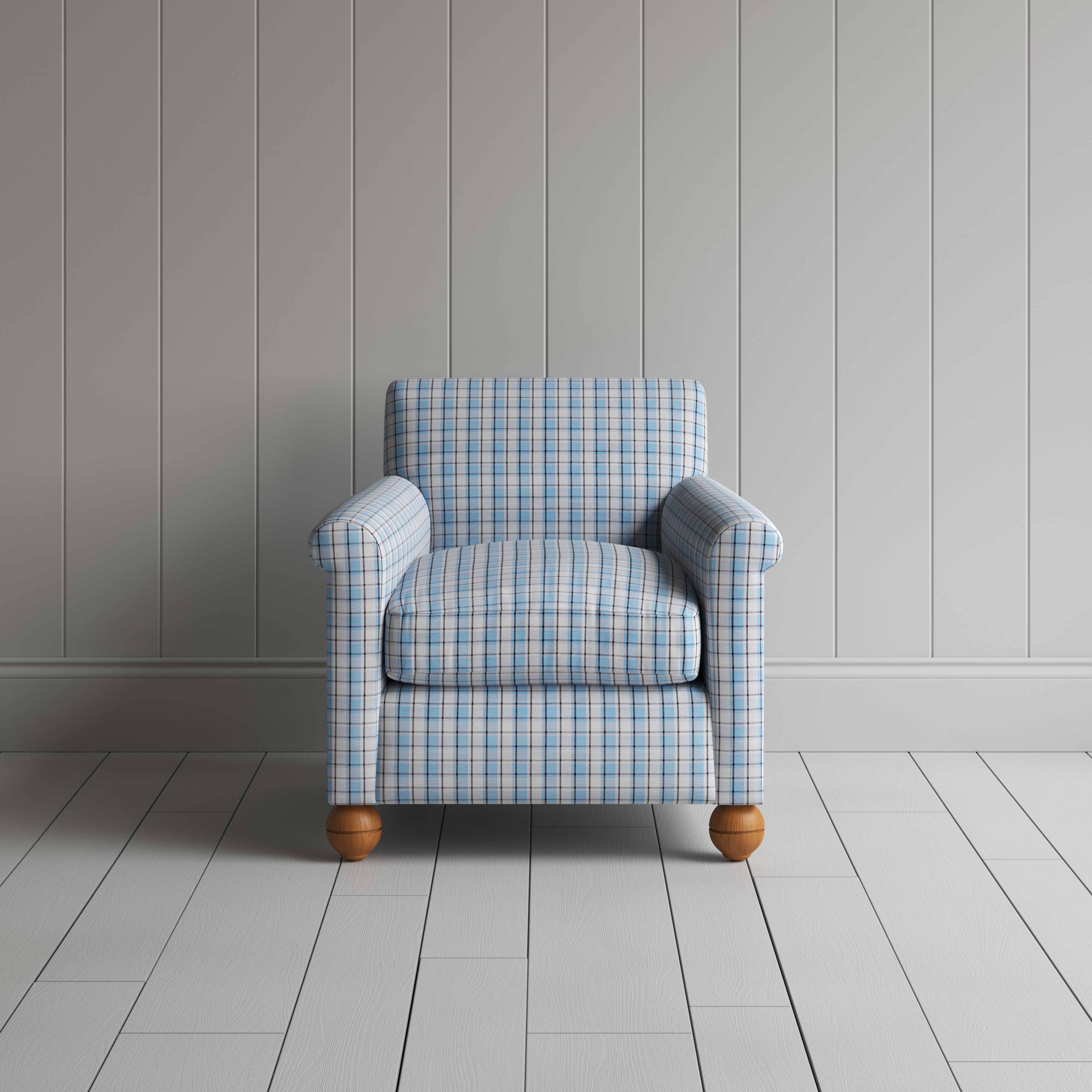  Idler Armchair in Square Deal Cotton, Blue Brown - Nicola Harding 