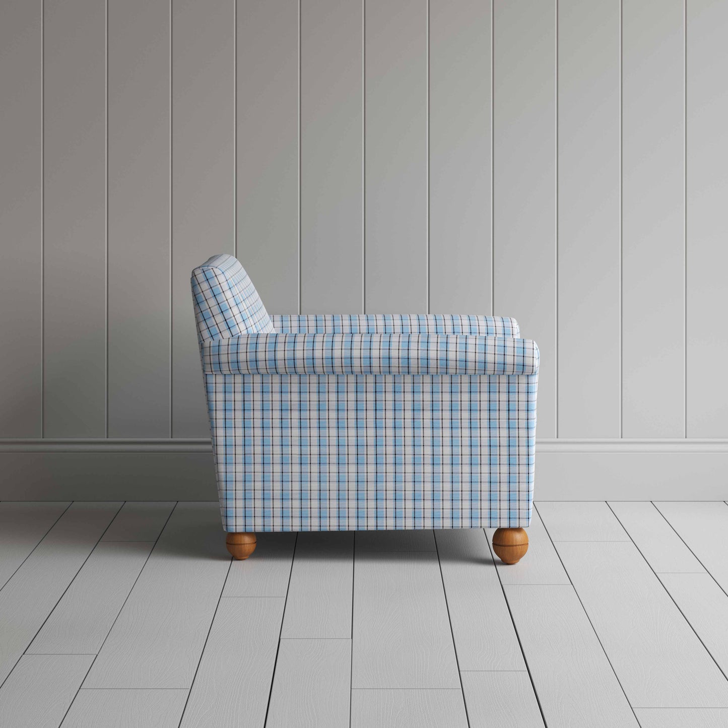 Idler Armchair in Square Deal Cotton, Blue Brown - Nicola Harding