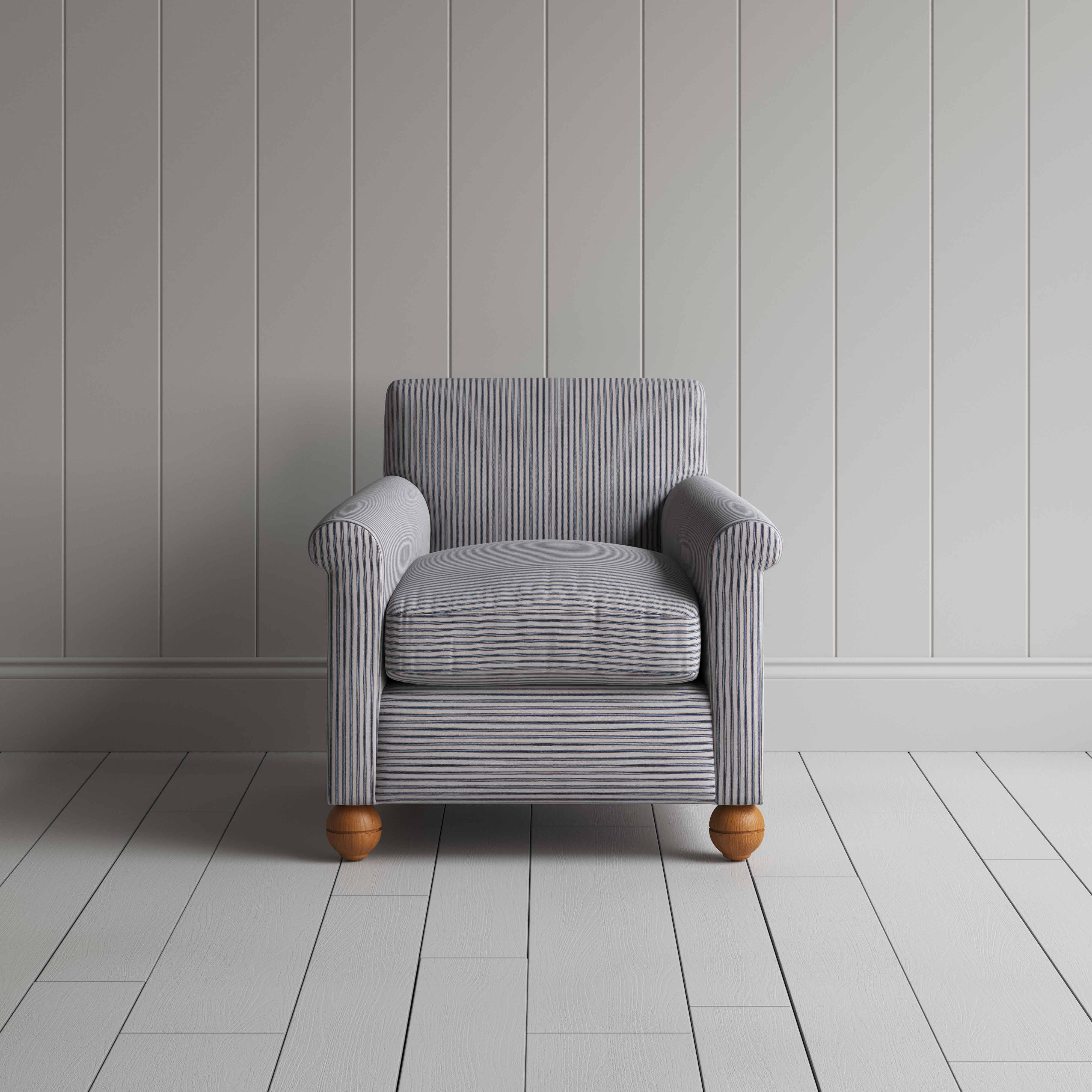  Idler Armchair in Ticking Cotton, Blue Brown - Nicola Harding 