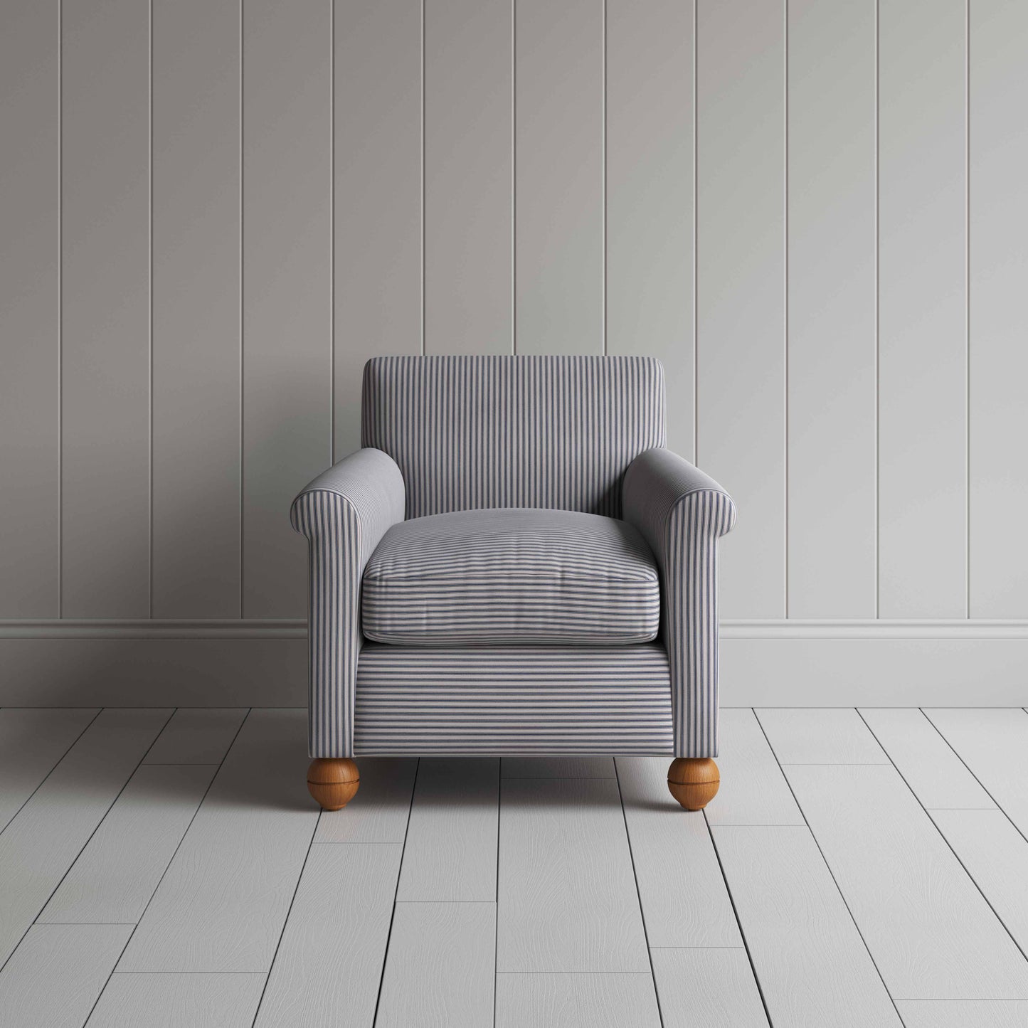 Idler Armchair in Ticking Cotton, Blue Brown - Nicola Harding