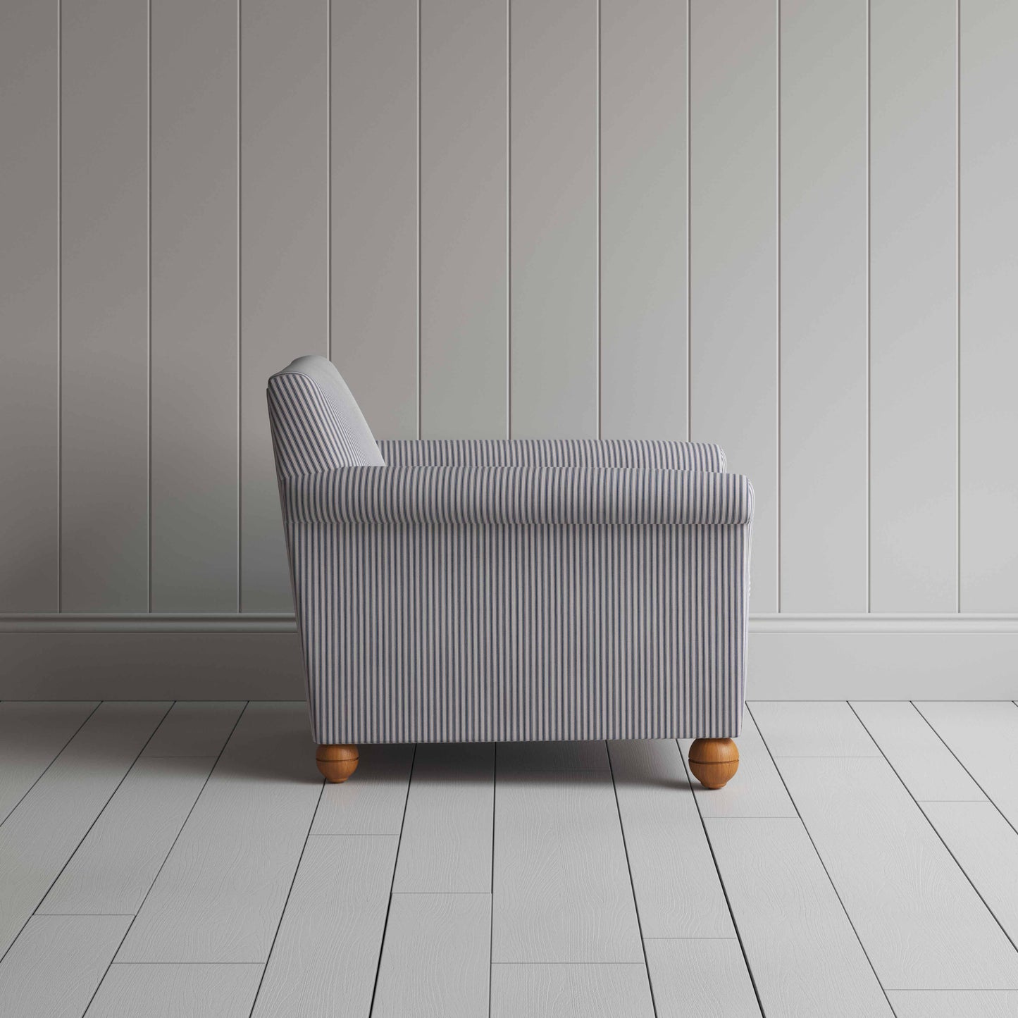 Idler Armchair in Ticking Cotton, Blue Brown - Nicola Harding