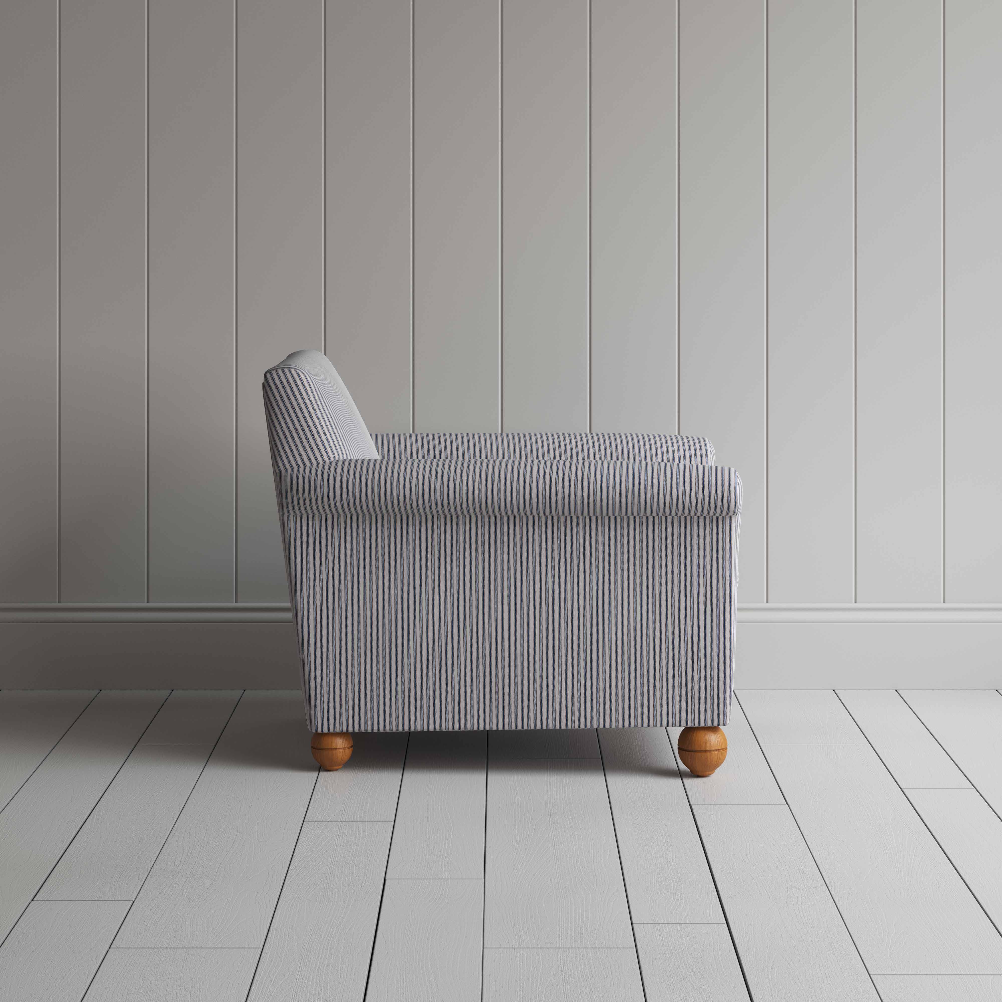  Idler Armchair in Ticking Cotton, Blue Brown - Nicola Harding 