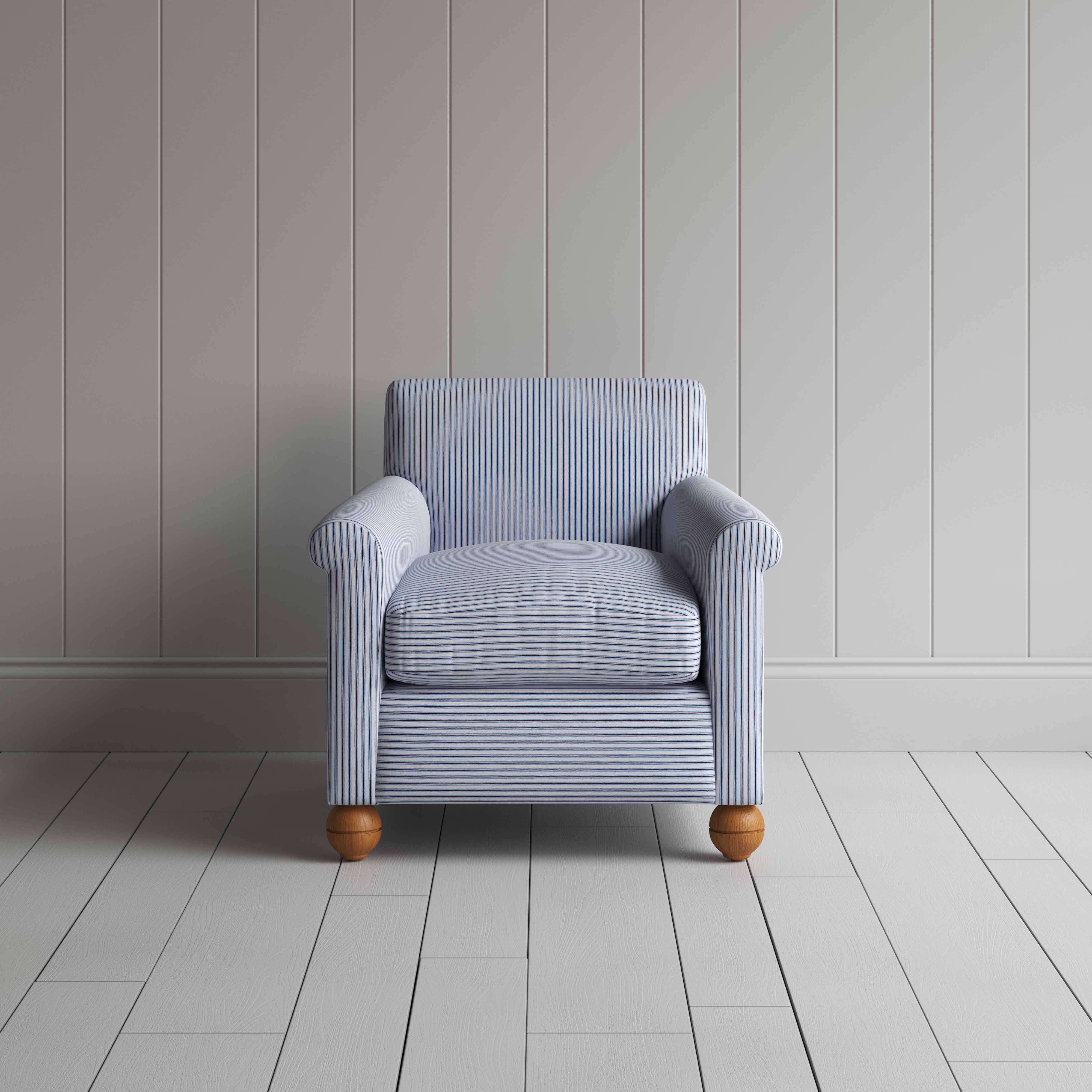  Idler Armchair in Ticking Cotton, Aqua Brown - Nicola Harding 