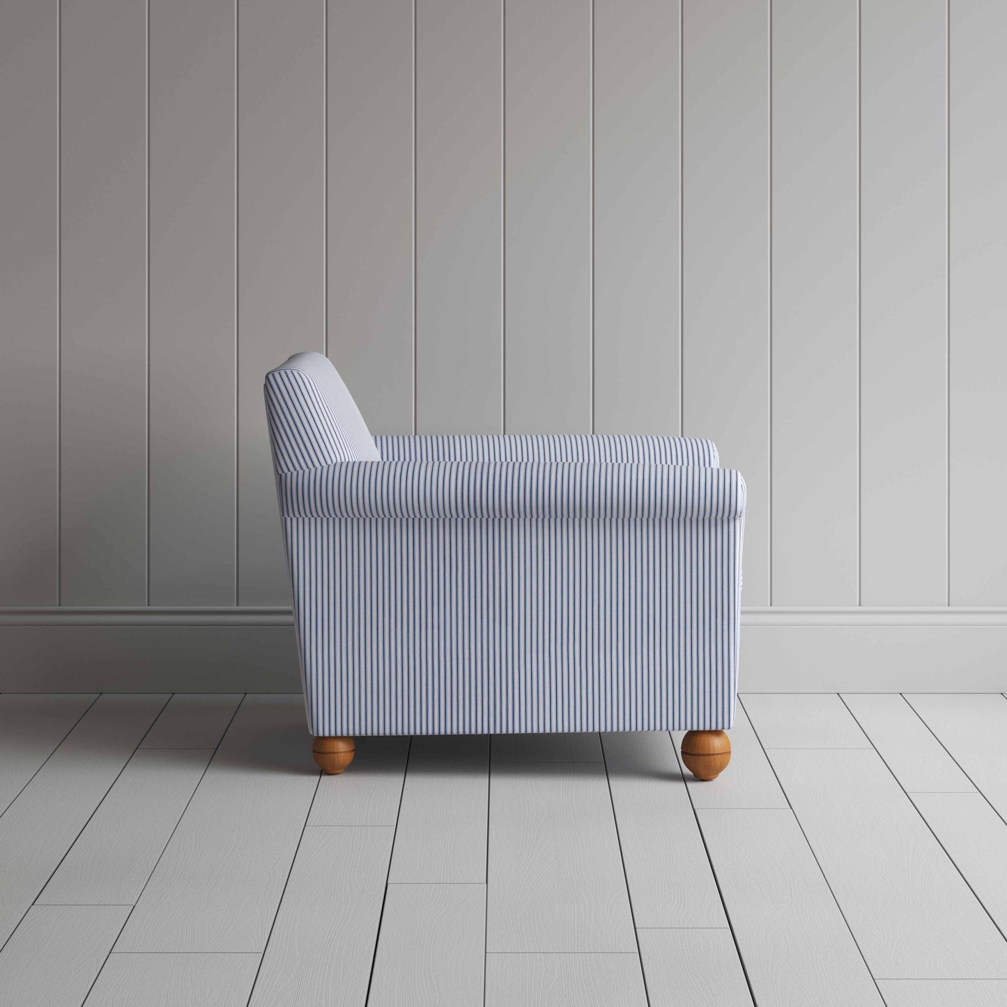 Idler Armchair in Ticking Cotton, Aqua Brown - Nicola Harding