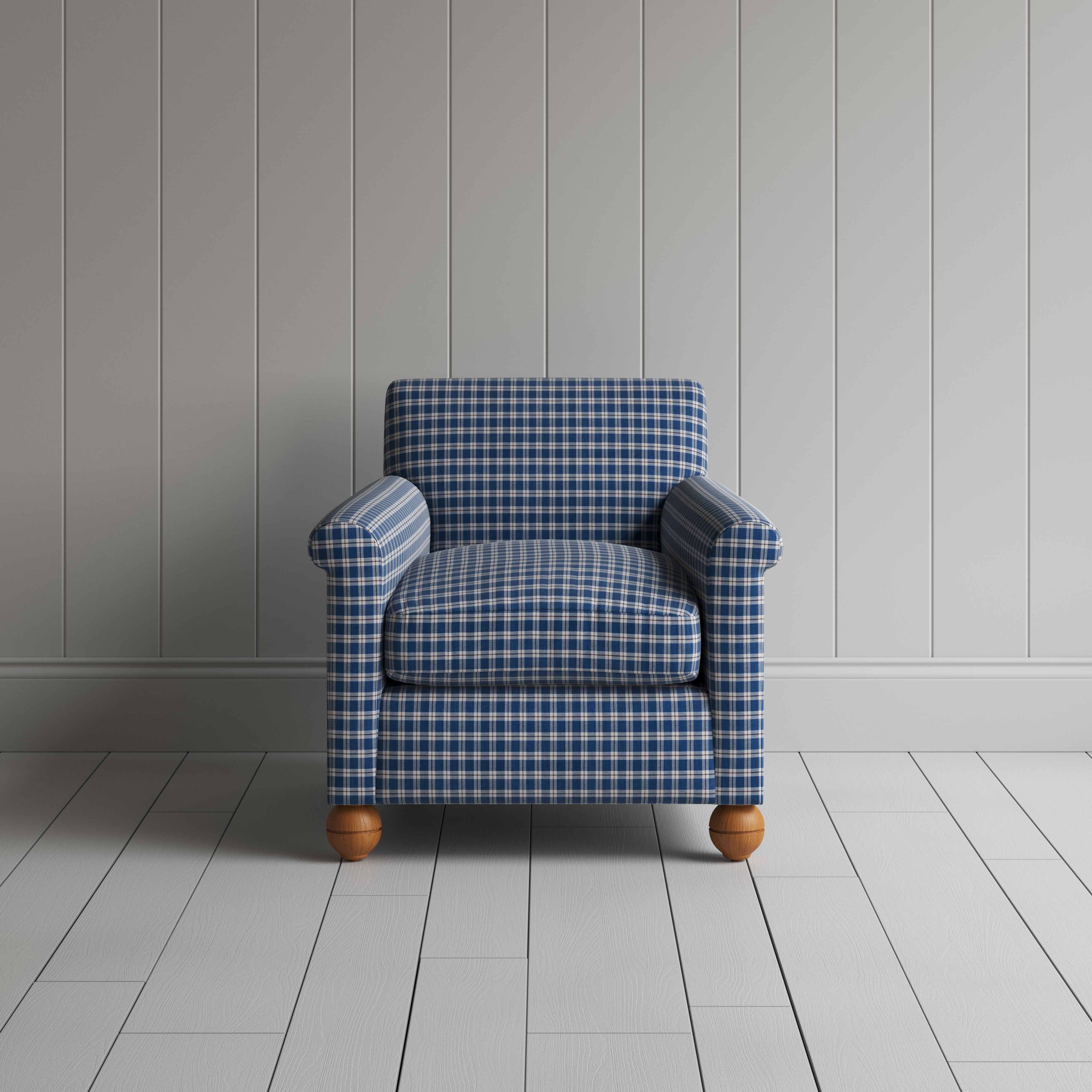  Idler Armchair in Well Plaid Cotton, Blue Brown - Nicola Harding 