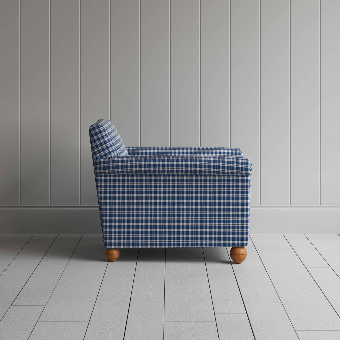 Idler Armchair in Well Plaid Cotton, Blue Brown
