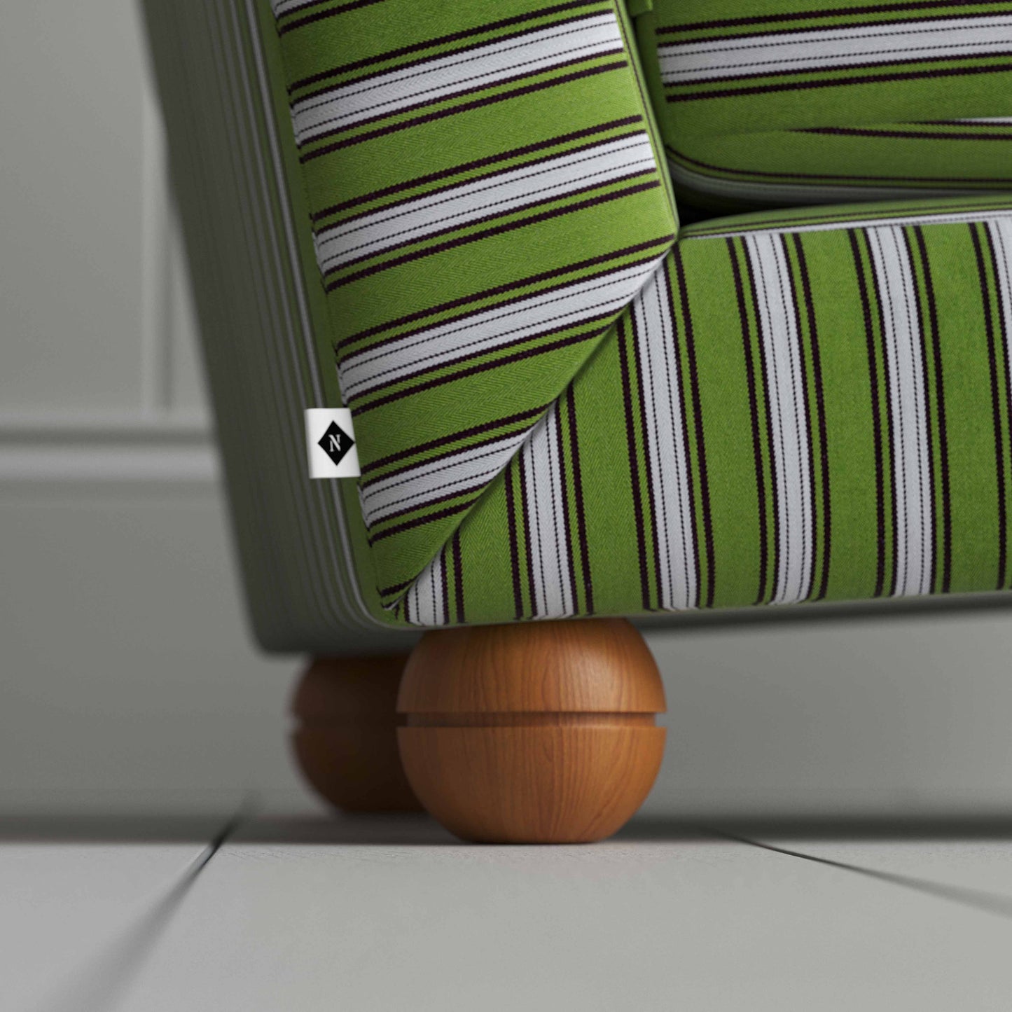 A close-up of a green and white striped chair, adding a touch of elegance and vibrancy to any room.