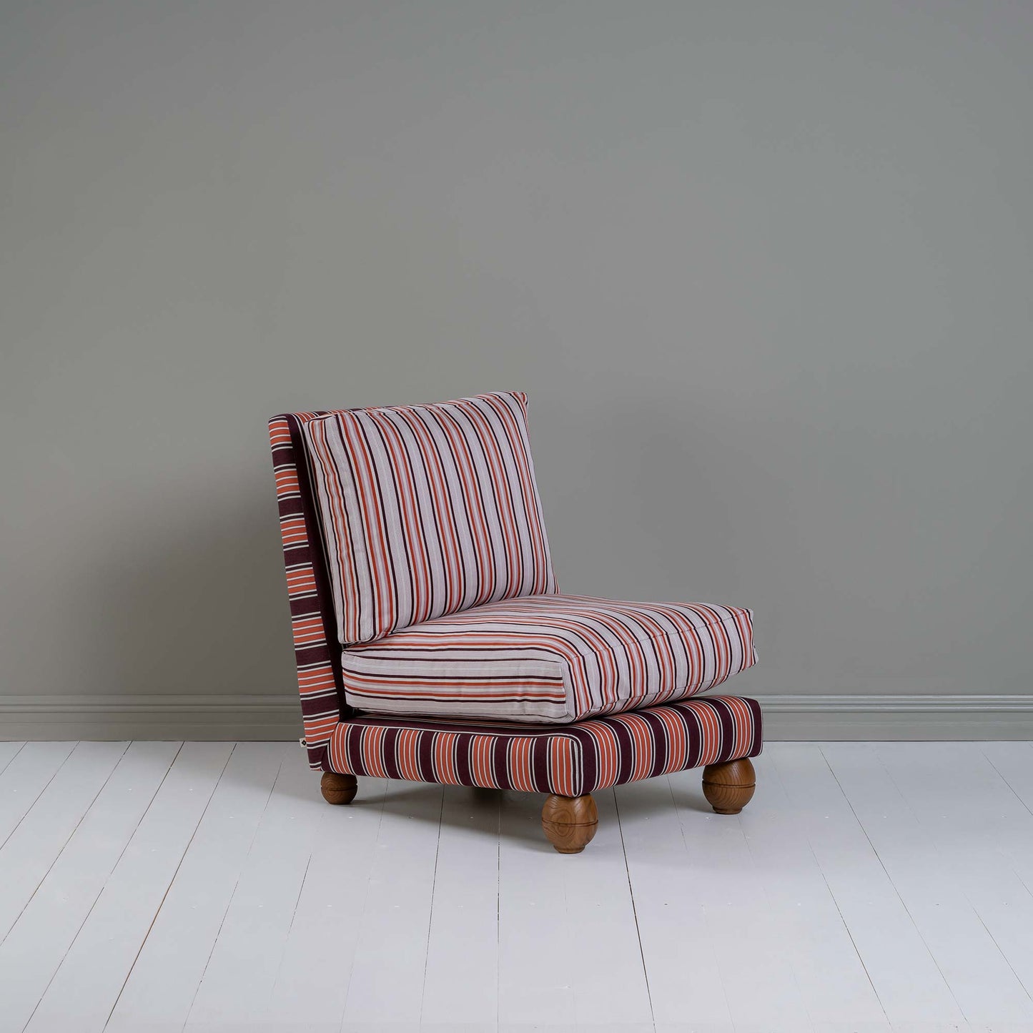 Perch Slipper Armchair in Regatta Cotton Flame Frame and Slow Lane Cotton Linen Berry Seat