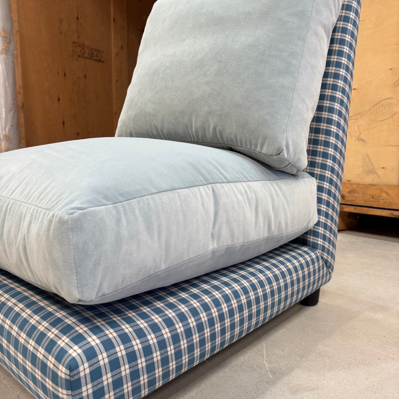  Pre-Loved - Perch Slipper Armchair in Well Plaid Frame and Intelligent Velvet Mineral Seat 