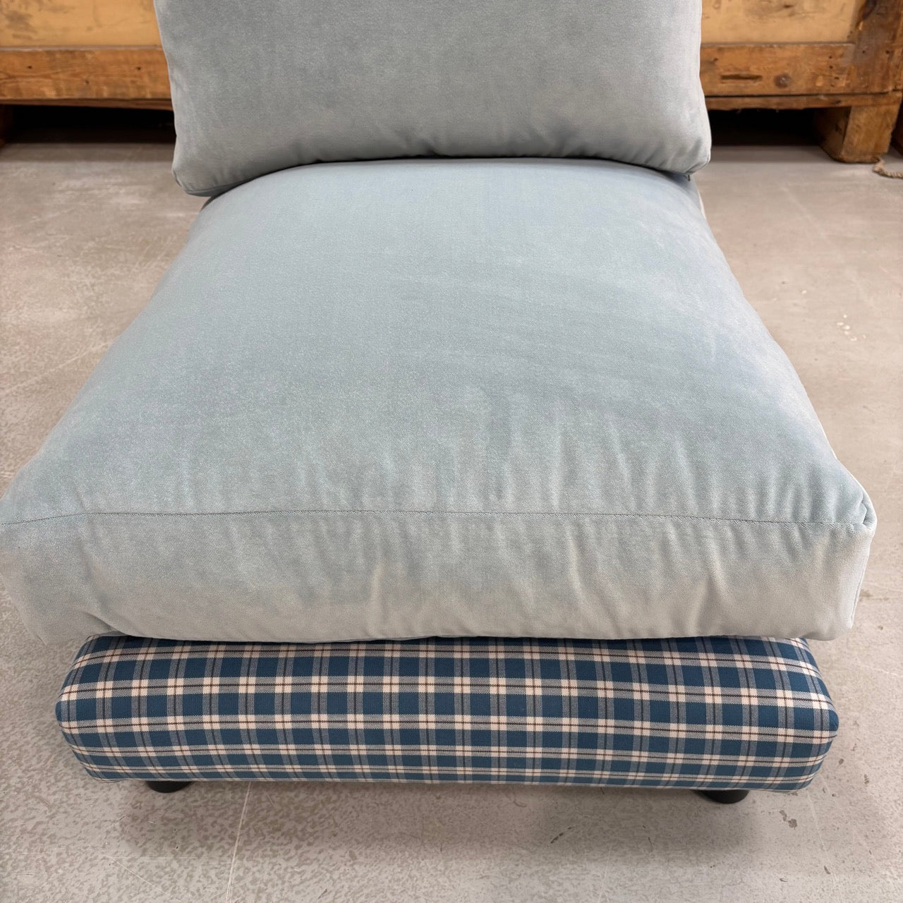  Pre-Loved - Perch Slipper Armchair in Well Plaid Frame and Intelligent Velvet Mineral Seat 