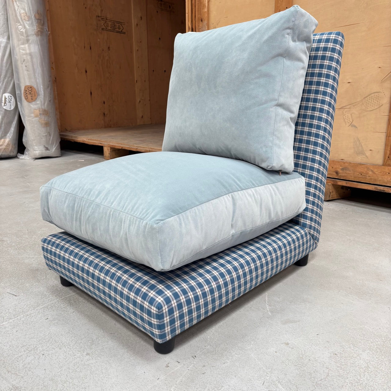  Pre-Loved - Perch Slipper Armchair in Well Plaid Frame and Intelligent Velvet Mineral Seat 