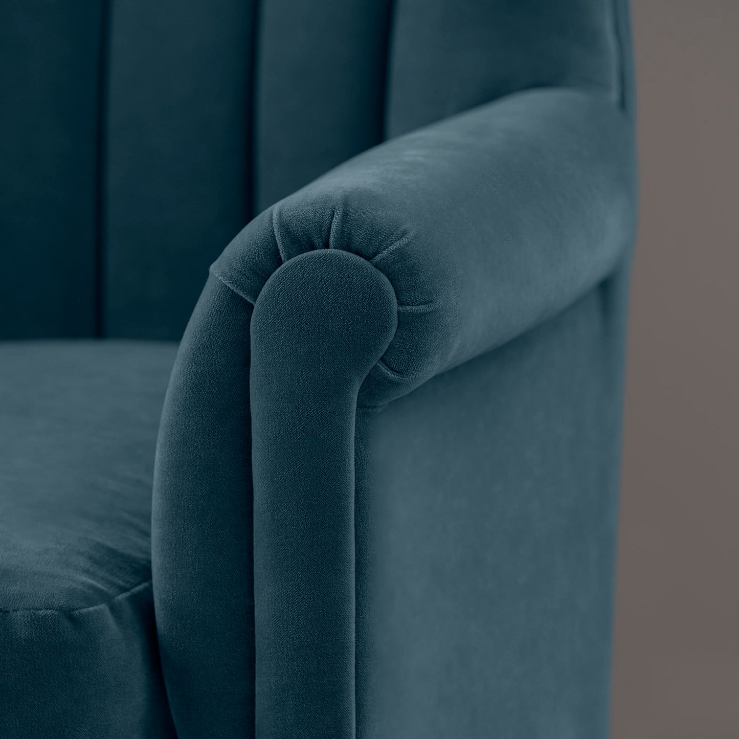 Time Out Armchair in Intelligent Velvet Aegean, Arm Design Closeup - NiX