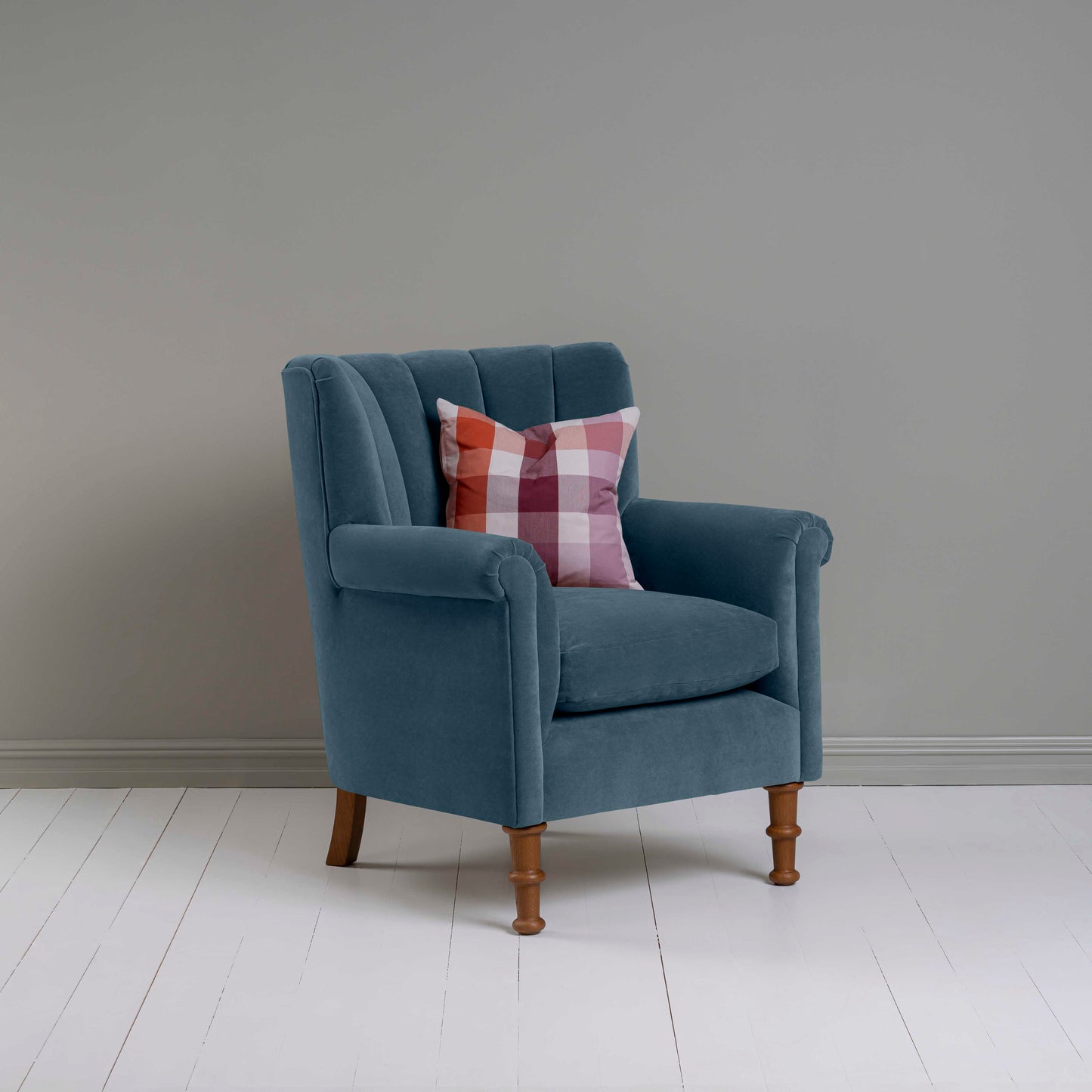 Time Out Armchair in Intelligent Velvet Aegean, Side View With Cushion - NiX